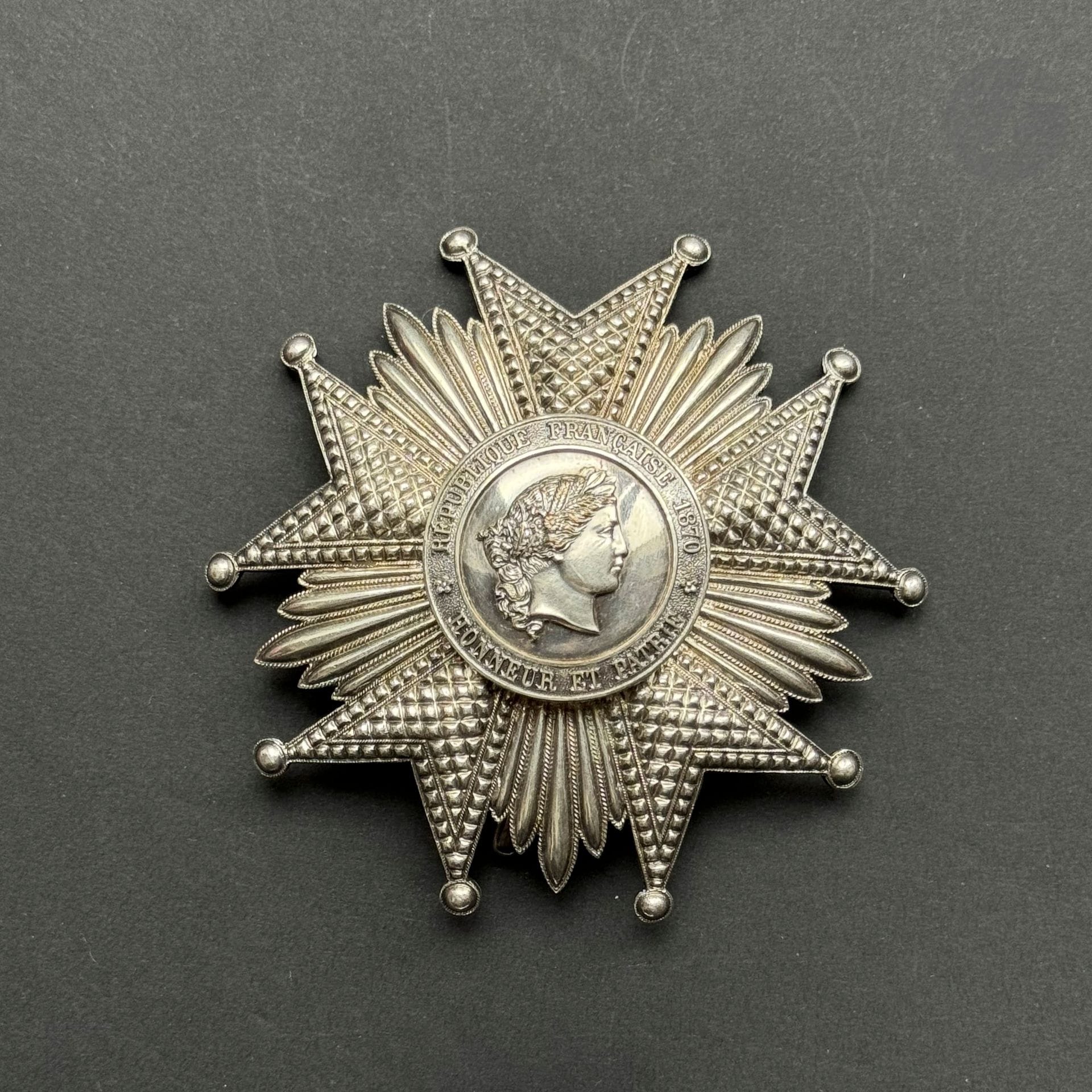 FRANCE 
ORDRE DE LA LÉGION D’HONNEUR. 
Plaque de grand-croix d’époque IIIe République. 
En métal argenté. 
Branches travaillées à pointes de diamant. Revers à attache basculante et deux crochets. 
94 mm - Poids net : 98 g
SUP.