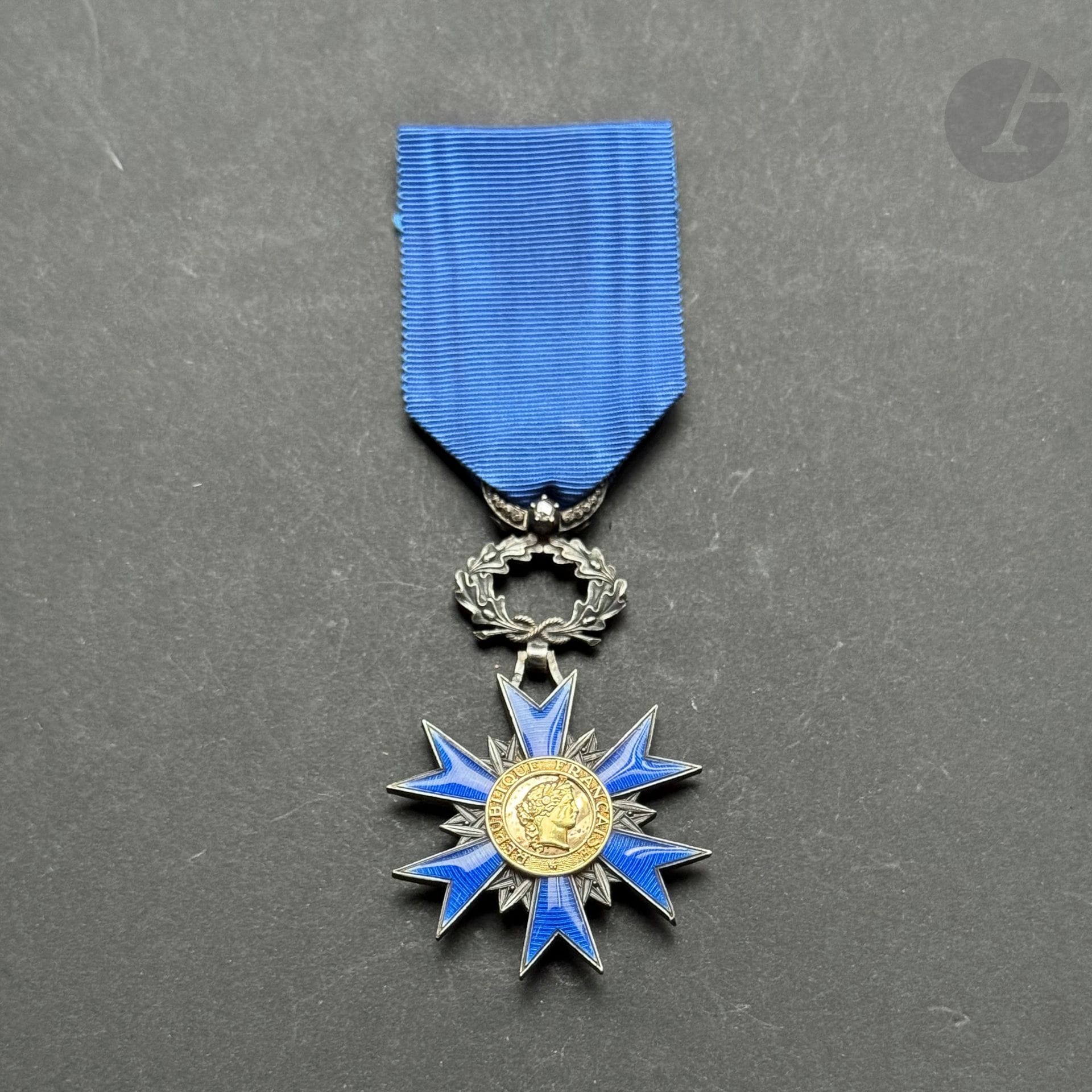 FRANCE 
ORDRE NATIONAL DU MÉRITE
Étoile de chevalier, modèle de luxe de la Maison Chobillon. 
En argent et émail (petit éclat à une pointe), anneau ciselé à pointes de diamant, orné d’un petit diamant taillé en rose. Centres en or en deux parties. Poinçon au crabe et d’orfèvre Chobillon. 
62 x 40 mm - Poids brut : 24,8 g
T.T.B.