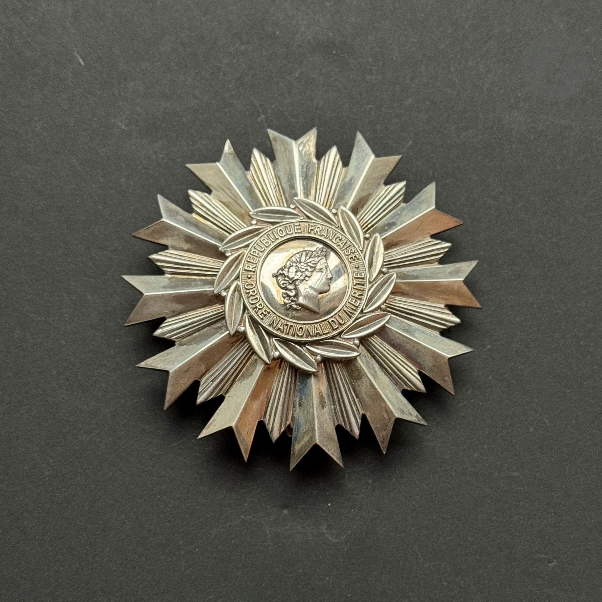FRANCE 
ORDRE NATIONAL DU MÉRITE 
Plaque de grand officier du 1er type. 
En argent. Centre en trois parties. Revers à attache basculante et deux crochets. Poinçon au crabe et de la Maison Marie Stuart. 
80 mm - Poids brut : 84,9 g
T.T.B. à SUP.
