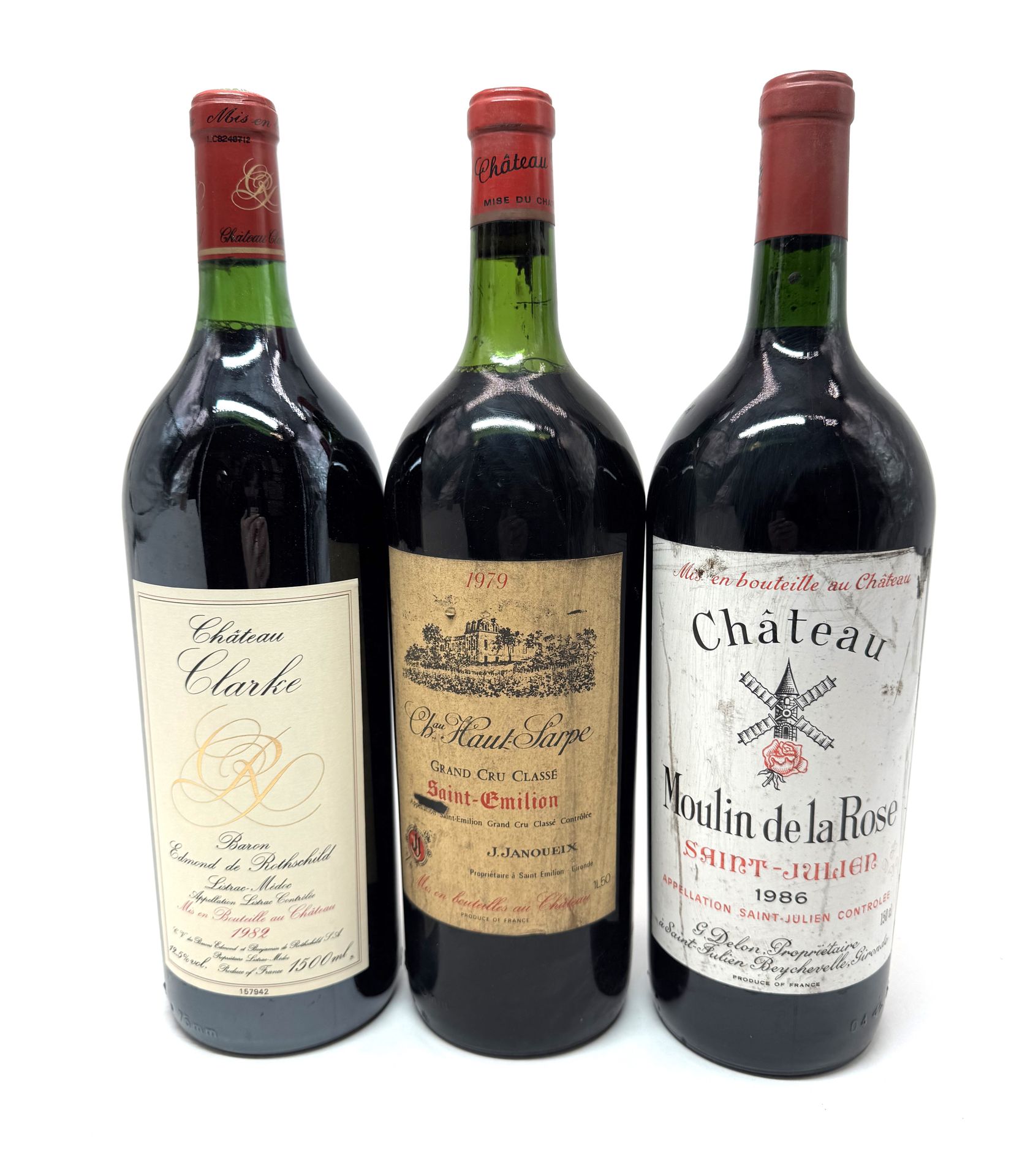 1 Mag CHÂTEAU CLARKE, Listrac-Médoc, 1982

1 Mag CHÂTEAU MOULIN DE LA ROSE (e.a.), Saint-Julien, 1986

1 Mag CHÂTEAU HAUT-SARPE (T.L.B ; e.a.), GCC Saint-Emilion, 1979