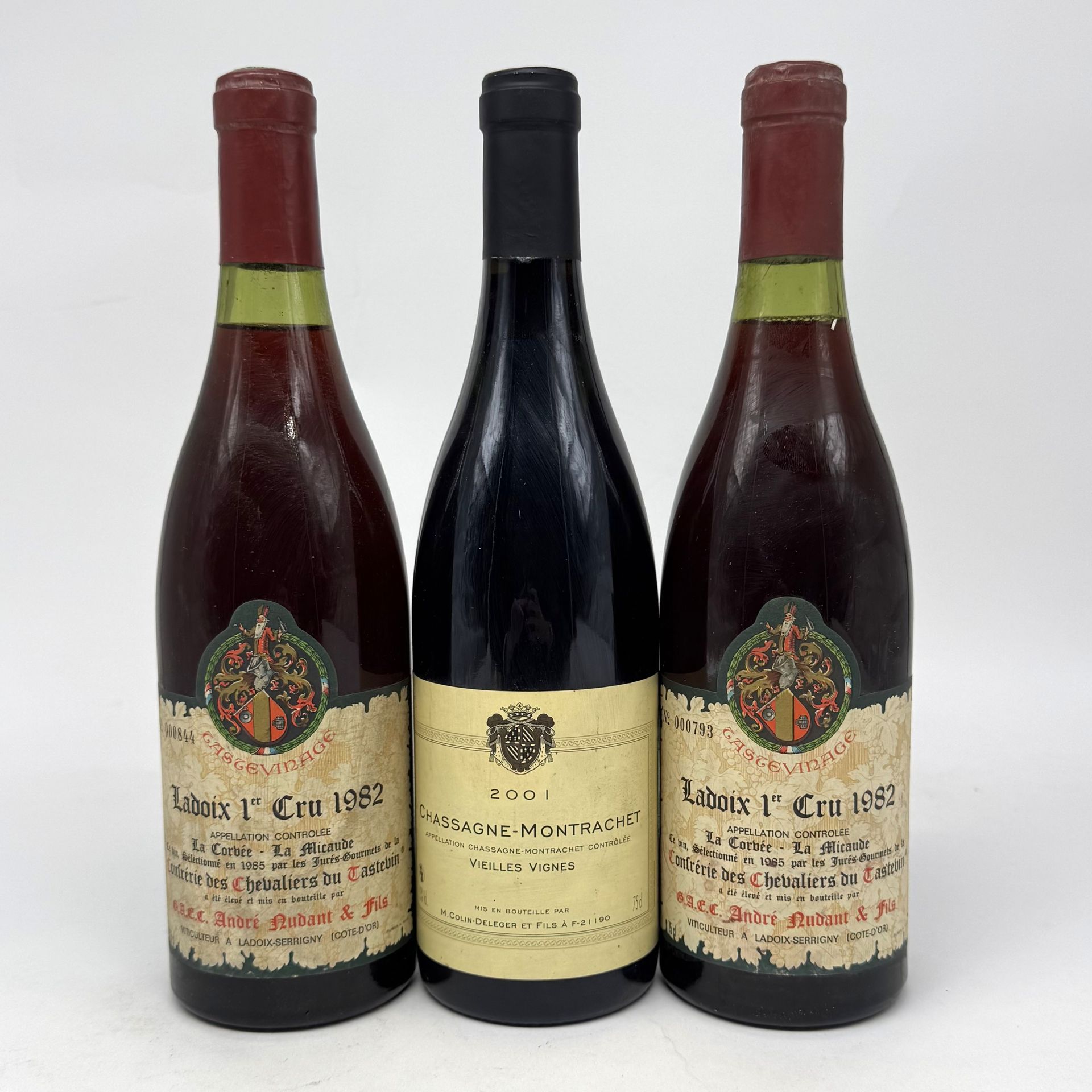 2 B LADOIX LA CORVÉE TASTEVINÉ (1er Cru), Domaine Nudant, 1982

1 B CHASSAGNE-MONTRACHET VIEILLES VIGNES Rouge (e.l.s.), Domaine Colin-Deleger, 2001