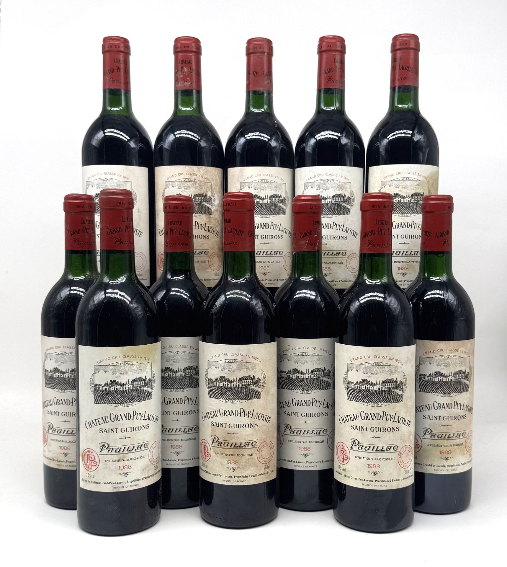 12 B CHÂTEAU GRAND PUY LACOSTE (Caisse Bois d'origine) (3 B.G; 4 T.L.B.+ et 5 T.L.B; e.t.h.), GCC5 Pauillac, 1988