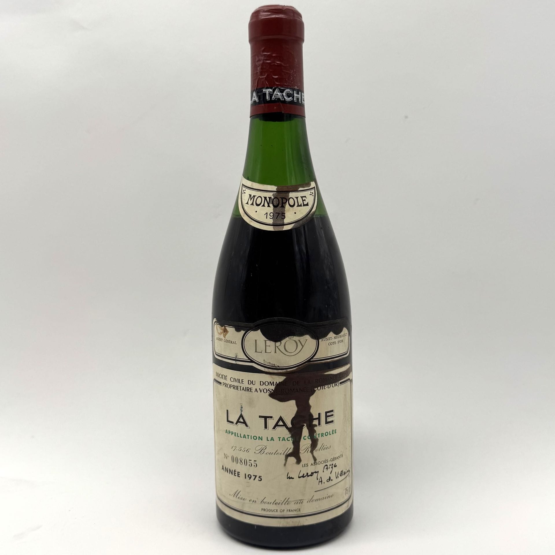 1 B LA TACHE (Grand Cru) (5,5 cm; e.t.h; n° 008055; collerette monopole sale; 17556 bouteilles récoltées), Domaine de la Romanée-Conti, 1975