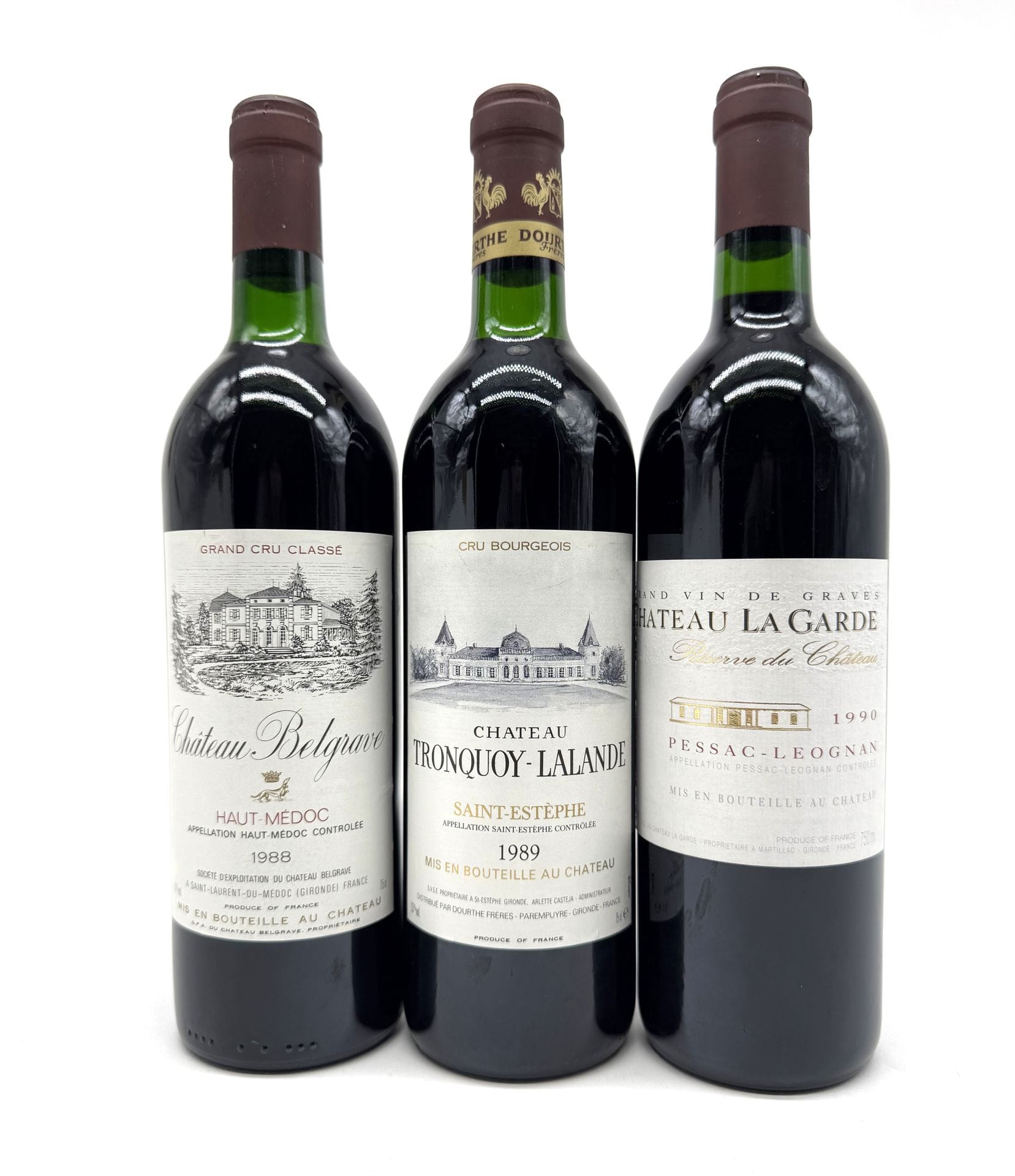 1 B CHÂTEAU TRONQUOY-LALANDE (T.L.B.+), Saint-Estephe, 1989

1 B CHÂTEAU BELGRAVE (T.L.B.), GCC5 Haut-Médoc, 1988

1 B CHÂTEAU LA GARDE Rouge, Pessac-Léognan, 1990