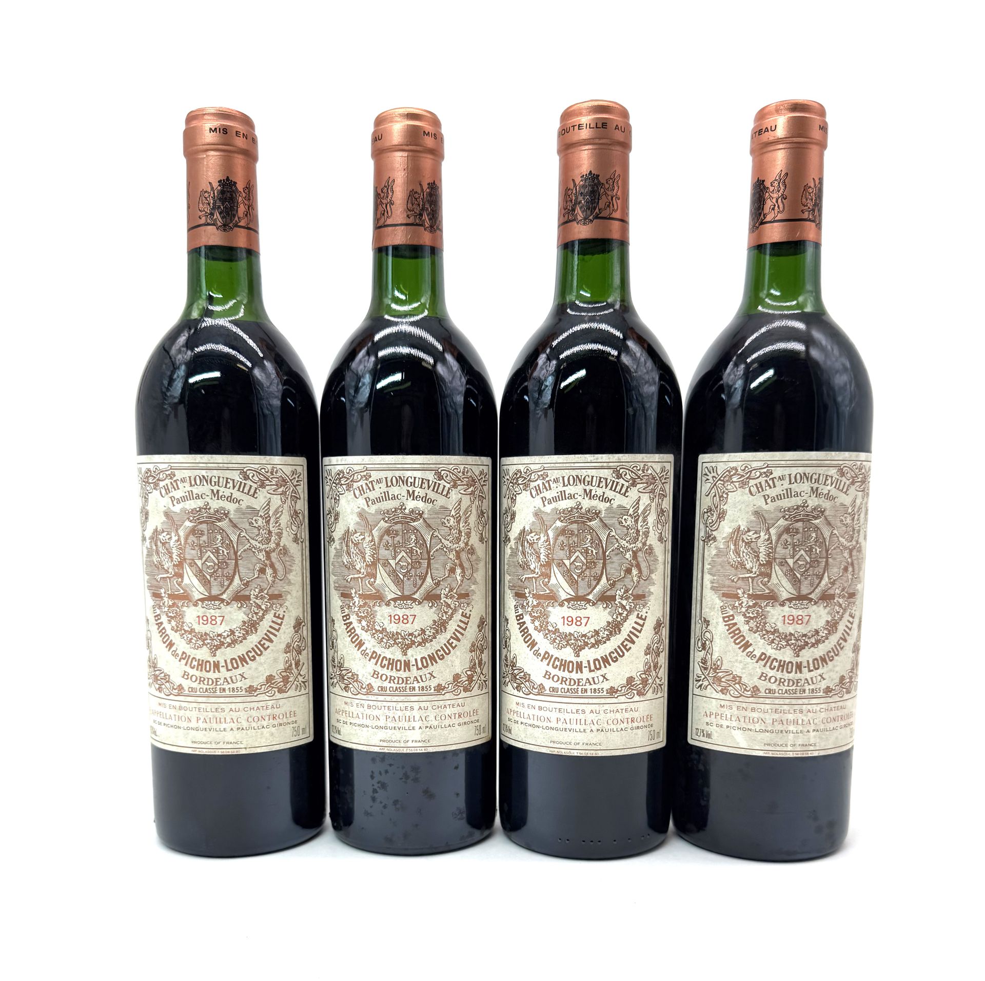 4 B CHÂTEAU PICHON LONGUEVILLE BARON (1 B.G ; 2 T.L.B.- et 1 H.E.+ e.t.h.), GCC2 Pauillac, 1987