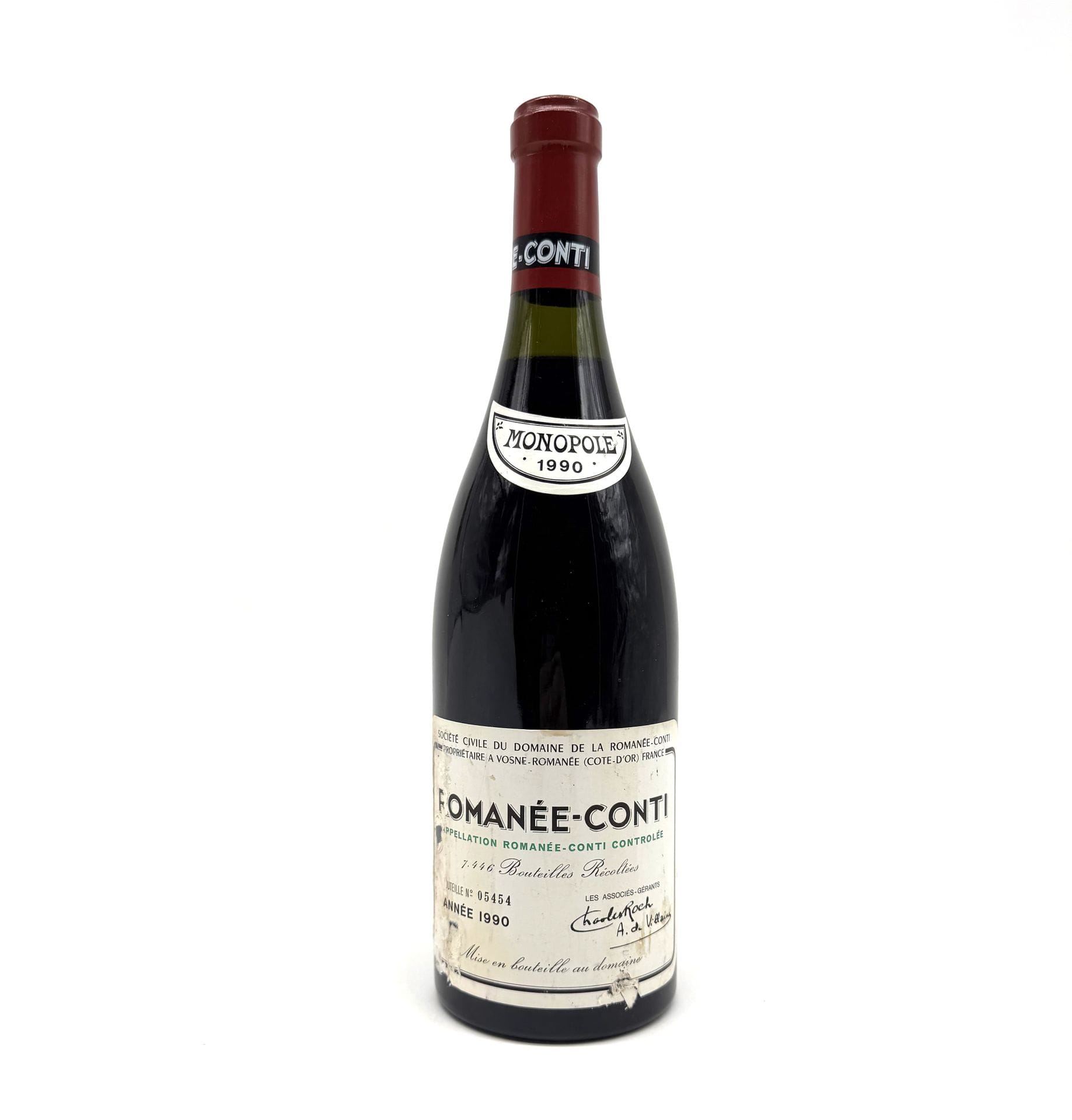1 B ROMANÉE-CONTI (Grand Cru) (2,2 cm ; e.t.a ; n° 05454 ; contre étiquette très abimée ; 7446 bouteilles récoltées), GCC5 Pauillac, 1990