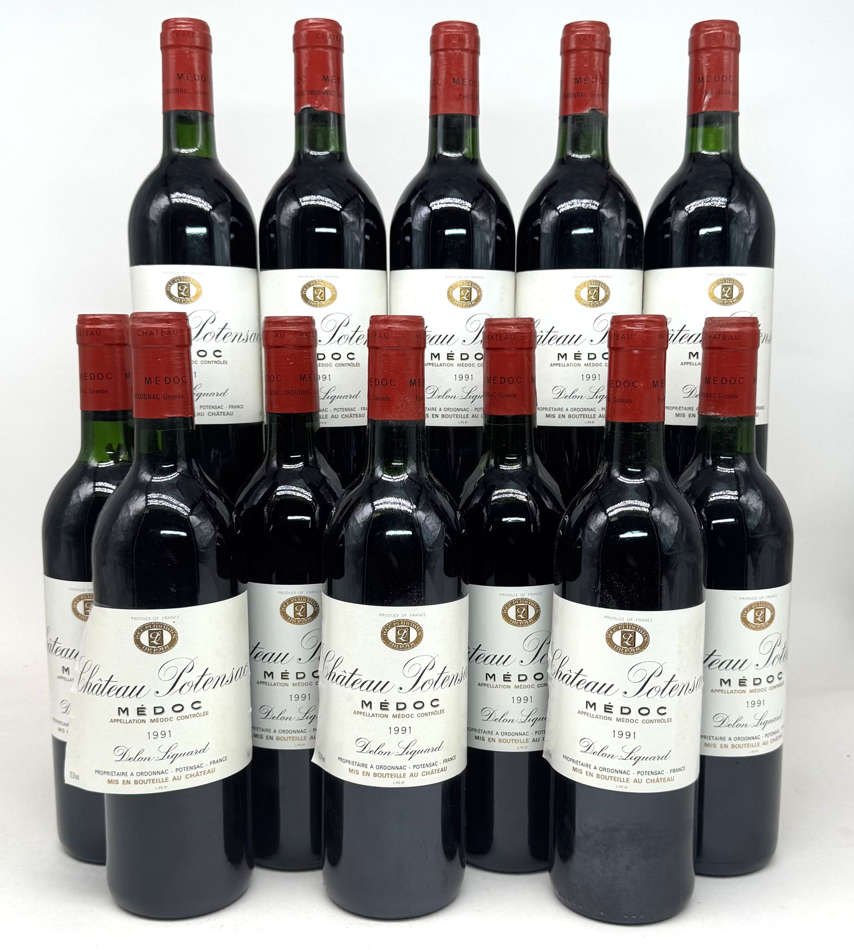 12 B CHÂTEAU POTENSAC (Caisse Bois d'origine) (4 B.G; 4 T.L.B.+ et 1 H.E.+; 1 e.l.a.), Médoc, 1991
