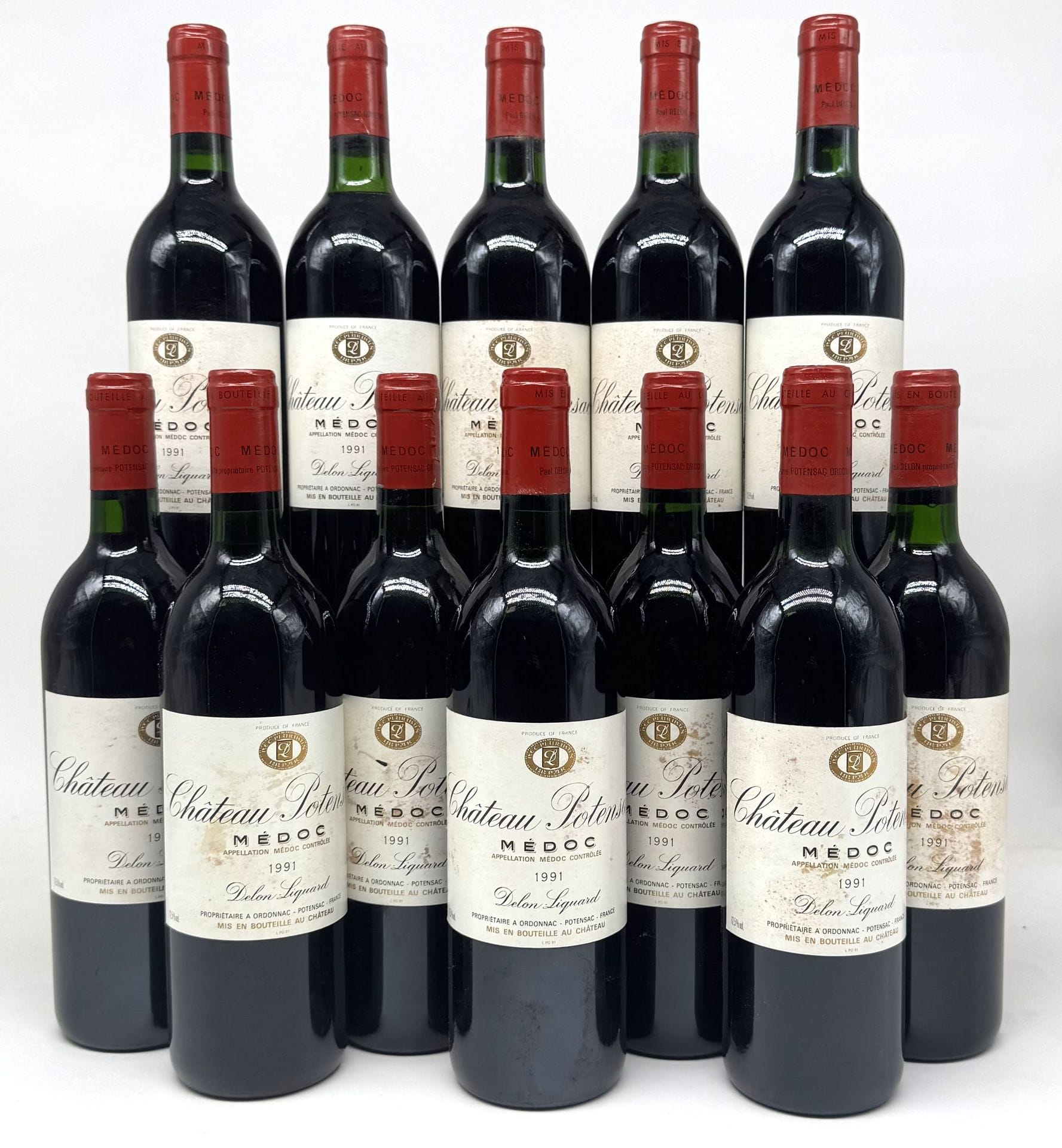 12 B CHÂTEAU POTENSAC (Caisse Bois d'origine) (3 B.G; 2 T.L.B.+; e.t.h. dont 1 e.a; 1 bouchon fragile engagé), Médoc, 1991