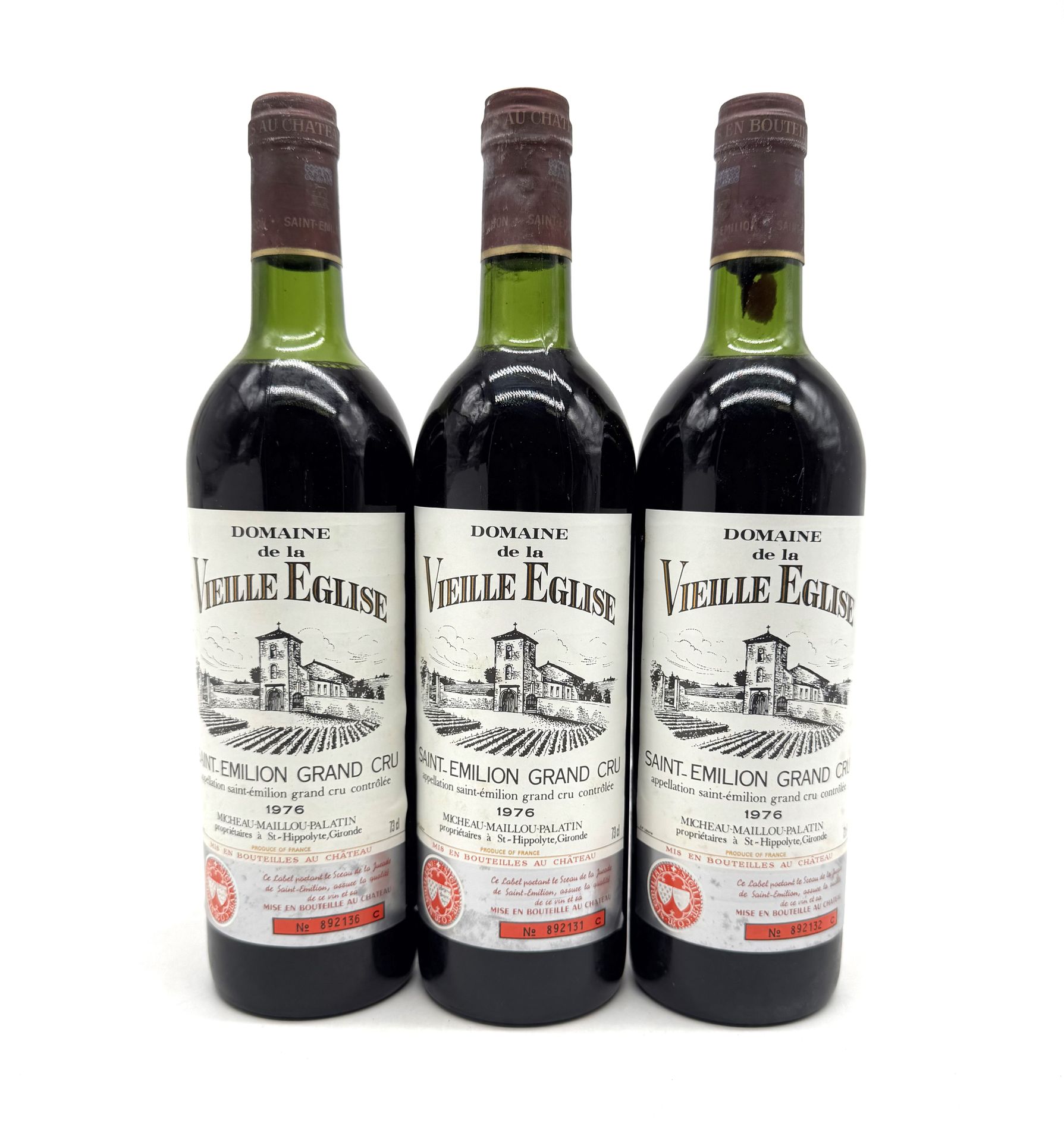 3 B DOMAINE DE LA VIEILLE ÉGLISE (1 T.L.B ; 1 H.E.+ ; 1 H.E ; c.s.), GC Saint-Emilion, 1976