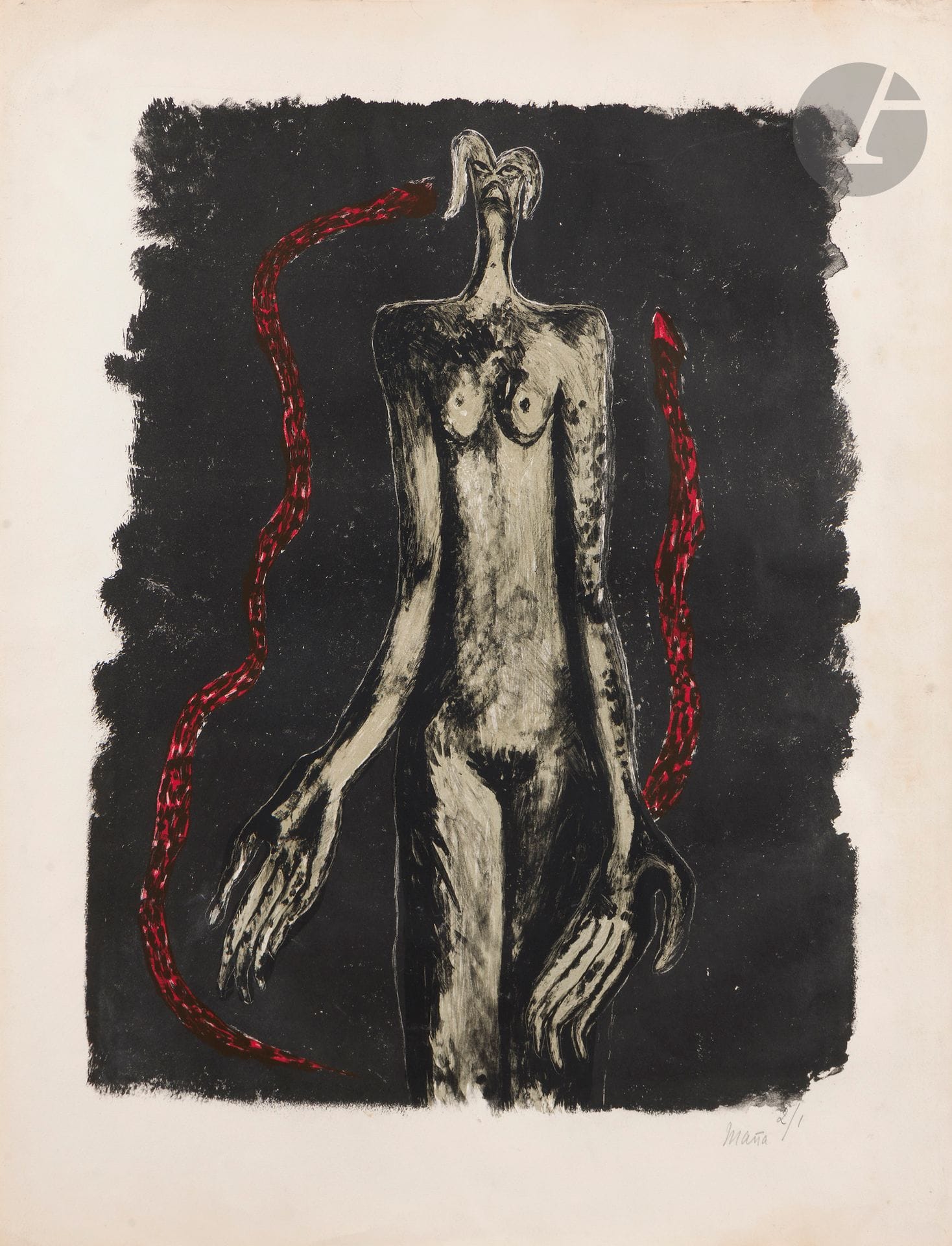 María Martins (brésilienne, 1894-1973) 
Femme-serpent. Vers 1945. Lithographie. 398 x 525 [ 500 x 645]. Impression en couleurs (noir, gris-vert et rouge sang). Belle épreuve sur vélin, numérotée « 2/1 » et signée au crayon. L’indentation de la pierre très visible en tête. Légères traces d’oxydation marginales. Toutes marges. 

Provenance :
Galerie René Drouin, Paris.