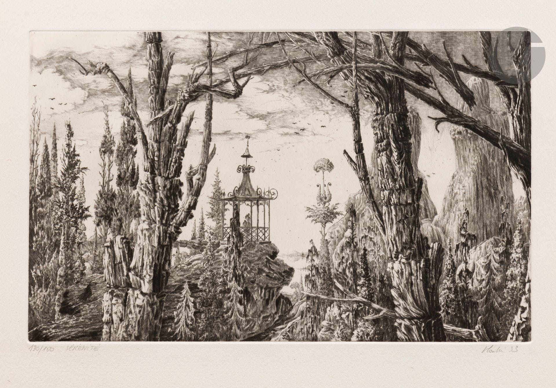 François Houtin (born 1950) 
Serenity. 1993. Etching and drypoint. 345 x 213. Perfect proof on white vellum, numbered, titled, signed and dated in pencil. Full margins. Edition of 150 proofs. Dry stamp: Société des Peintres-Graveurs Français (Lugt 1195a).