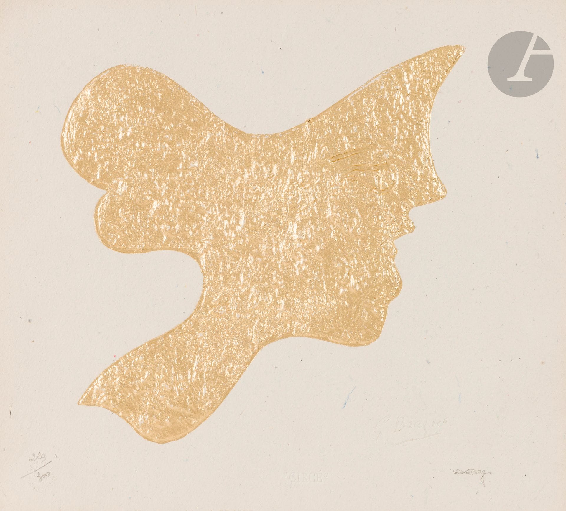 Georges Braque (1882-1963) (d’après) 
Circé. (Pl. pour l’album Hommage aux bijoux de Braque). Vers 1980-1990. Lithographie et gaufrage par Heger de Löwenfeld. [425 x 328]. Impression à l’or 24 carats. Réunion de 4 très belles épreuves sur vélin fort crème, avec signature et texte imprimés à sec sous le sujet, numérotées et signées au crayon par H. de Löwenfeld. Légère oxydation aux bords du feuillet. Toutes marges. Tirage à 300 épreuves. Timbre sec : P. de Tartas éd.