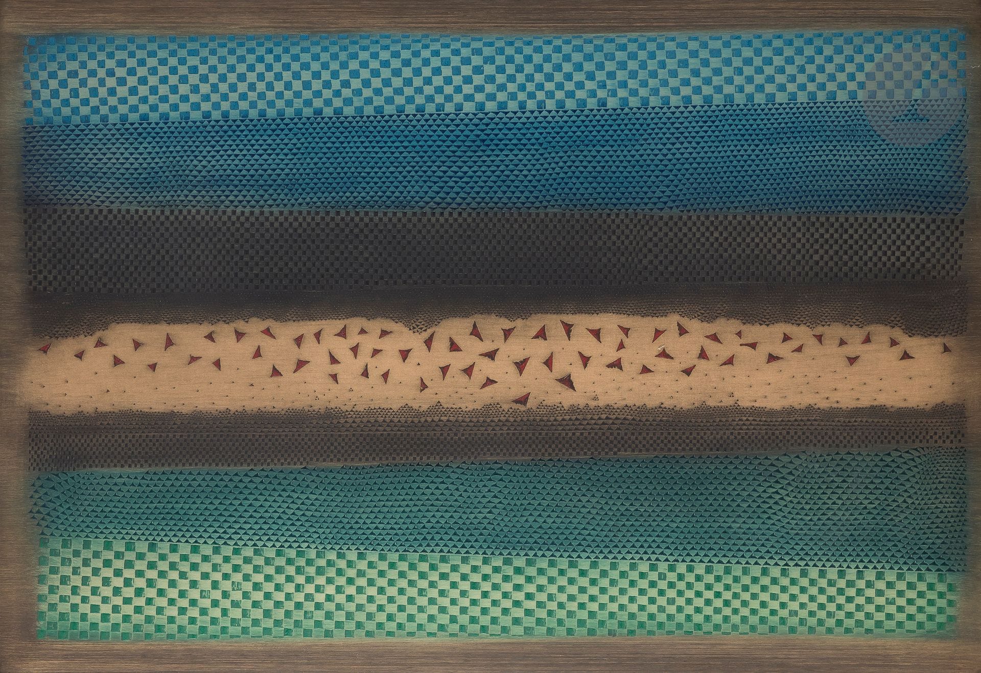 Arthur Luiz Piza (brésilien, 1928-2017) 
Horizon en folie. 1979. Gravure à la gouge. [1060 x 735]. Impression en couleurs. Très belle épreuve tirée pleine feuille sur vélin blanc, numérotée et signée au feutre (annotations très affaiblies), collée sur carton fort. Plusieurs longues éraflures filiformes obliques et quelques infimes accrocs en surface. Tirage à 99 épreuves. 

Le Musée d’art moderne de São Paulo conserve une épreuve de ce sujet.
