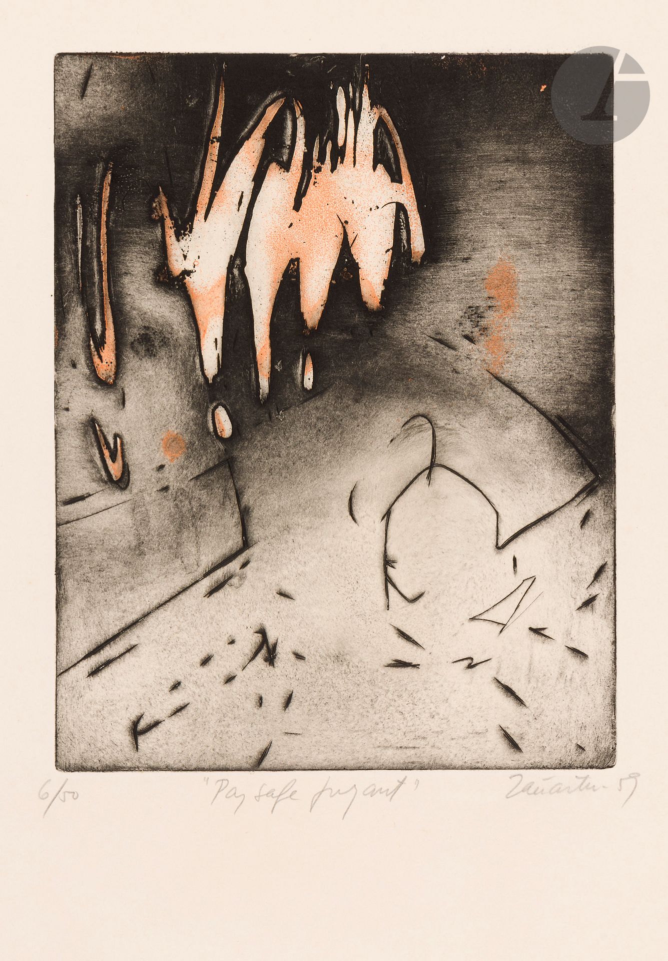 Enrique Zañartu (chilien, 1921-2000) 
Paysage fuyant. 1959. Eau-forte et aquatinte. 240 x 310. Impression en couleurs. Très belle épreuve sur vélin ivoire, numérotée, titrée, signée et datée au crayon. Trois infimes enfoncements en marge inférieure. Toutes marges. Tirage à 50 épreuves.