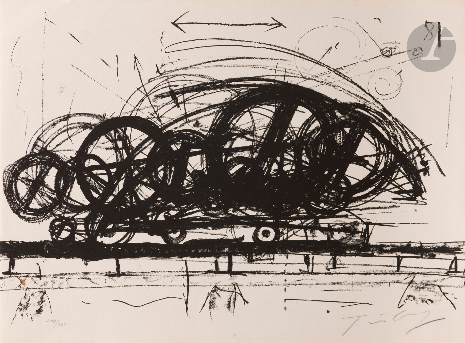 Jean Tinguely (suisse, 1925-1991) 
Hannibal II. 1971. Lithographie. [660 x 482]. Très belle épreuve sur vélin crème, numérotée et signée au crayon. Petite tache brune (giclure de café ?) en bas à gauche dans le sujet. Toutes marges. Tirage à 300 épreuves.

Provenance : Collection Colette Creuzevault.