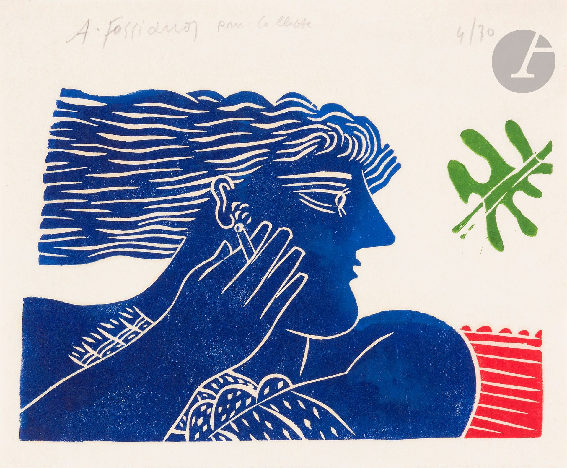 Alékos Fassianós (grec, 1935-2002) 
Figure bleue. Vers 1980. Bois gravé. 245 x 167. Impression en couleurs. Très belle épreuve sur japon mince, signée et dédicacée « pour Collette [sic] » puis numérotée au crayon le long du bord supérieur. Traces de plis en tête. Toutes marges. Tirage à 30 épreuves.

Provenance : Collection Colette Creuzevault.
