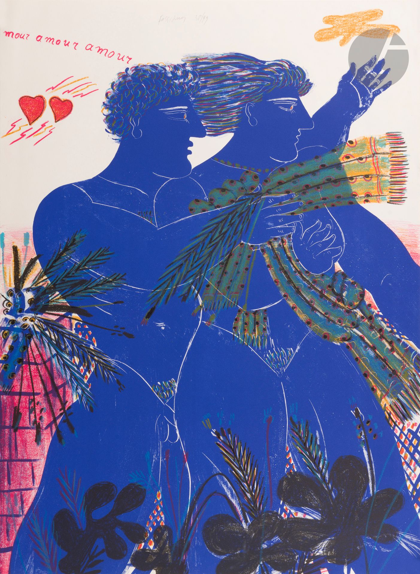 Alékos Fassianós (grec, 1935-2002) 
Amour amour amour. Vers 1980. Lithographie. [630 x 860]. Impression en couleurs. Très belle épreuve sur vélin, signée et numérotée au crayon en tête au centre. Toutes marges. Tirage à 99 épreuves.