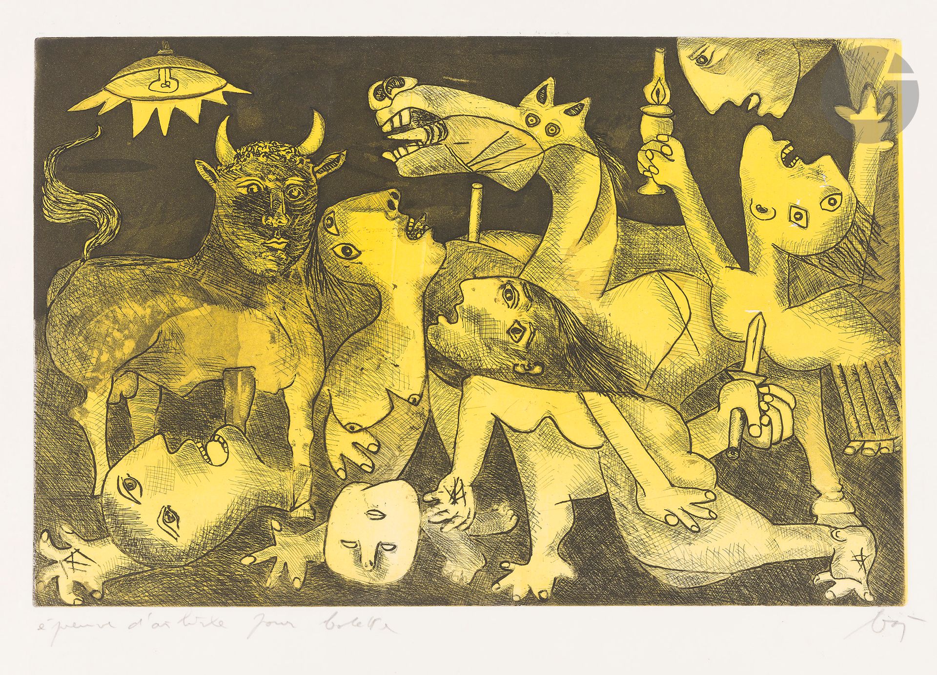Enrico Baj (italien, 1924-2003) 
Guernica. (Pl. pour l’album Baj chez Picasso. Paris, galerie Creuzevault, 1969). Eau-forte. 570 x 365. Impression en jaune et noir. Très belle épreuve sur vélin blanc, annotée « épreuve d’artiste – pour Colette » et signée au crayon. Fin pli de tirage vertical en marge inférieure. Toutes marges.

Provenance : Collection Colette Creuzevault.