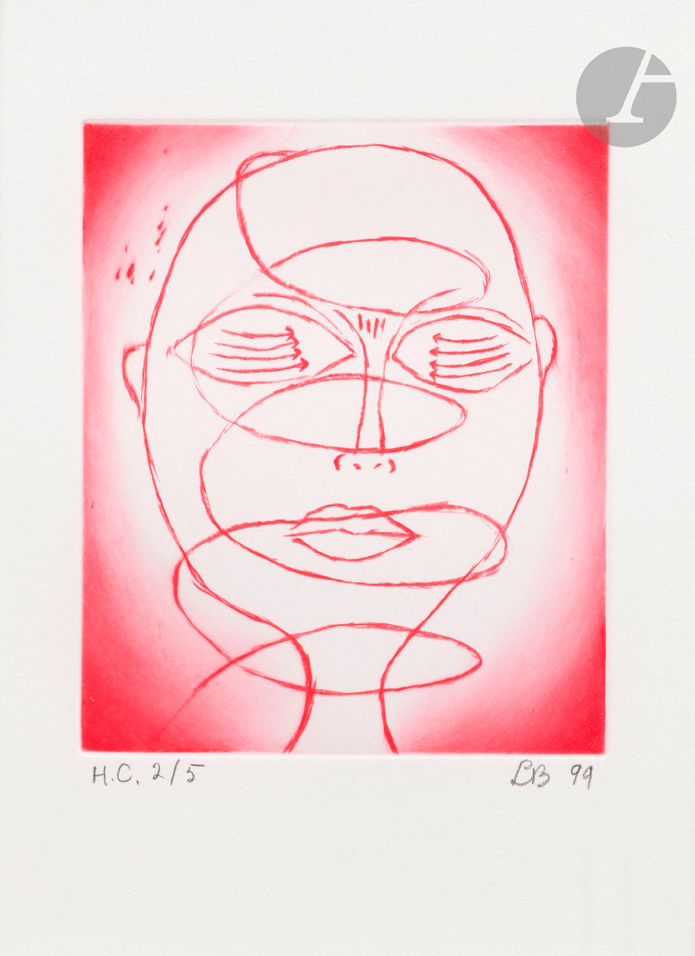 Louise Bourgeois (1911-2010) 
Spiraling Eyes. 1999. Drypoint. Sight : 170 x 223. MoMA catalog online 96/VI. Printed in red. Very fine proof on white vellum, justified "H.C. 2/5" and signed in pencil. Margins. Final edition of 100 proofs. Frame (not examined out of frame). 

This plate appeared as the frontispiece to the illustrated book Les Éditions du Solstice: Annuaire de la Décennie, 1989-1999. The artist acknowledges his debt to Michaux, his source of inspiration, on the reverse of the original drawing.