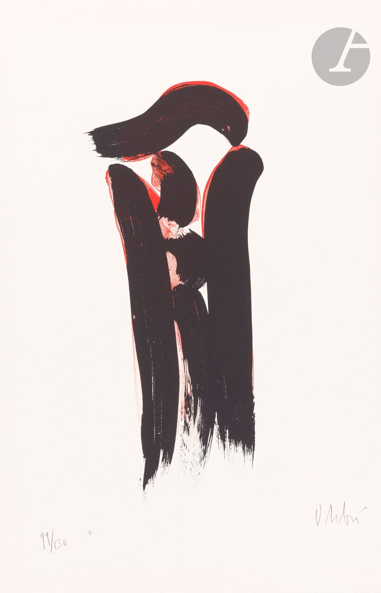 Olivier Debré (1920-1999) 
Signe-personnage. 1986. Lithographie. [395 x 600]. Impression en couleurs. Très belle épreuve sur vélin, numérotée et signée au crayon. Deux restes de bande adhésive en tête et en pied au verso (avec infime entaille au bord inférieur en pied). Toutes marges. Tirage à 130 épreuves. Éd. du Service Interassociatif, Centre Jacques Prévert, Les Ulis.