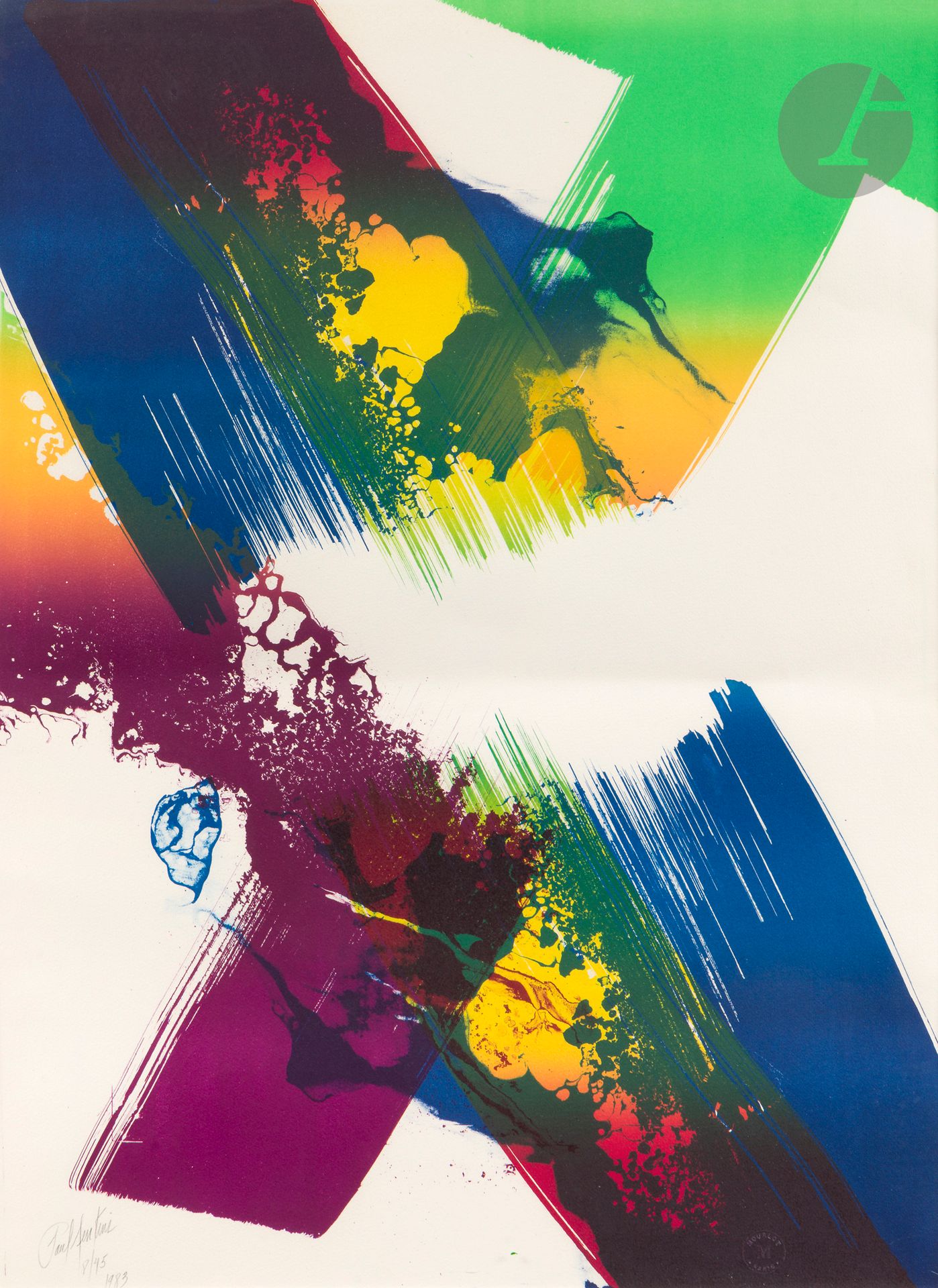 Paul Jenkins (américain, 1923-2012) 
Série Mourlot, pl. II. 1983. Lithographie. À vue : 550 x 735. Impression en couleurs. Très belle épreuve sur vélin blanc, signée, numérotée et datée au crayon. Pli souple horizontal médian. Tirage à 45 épreuves. Cadre (non examinée hors du cadre).