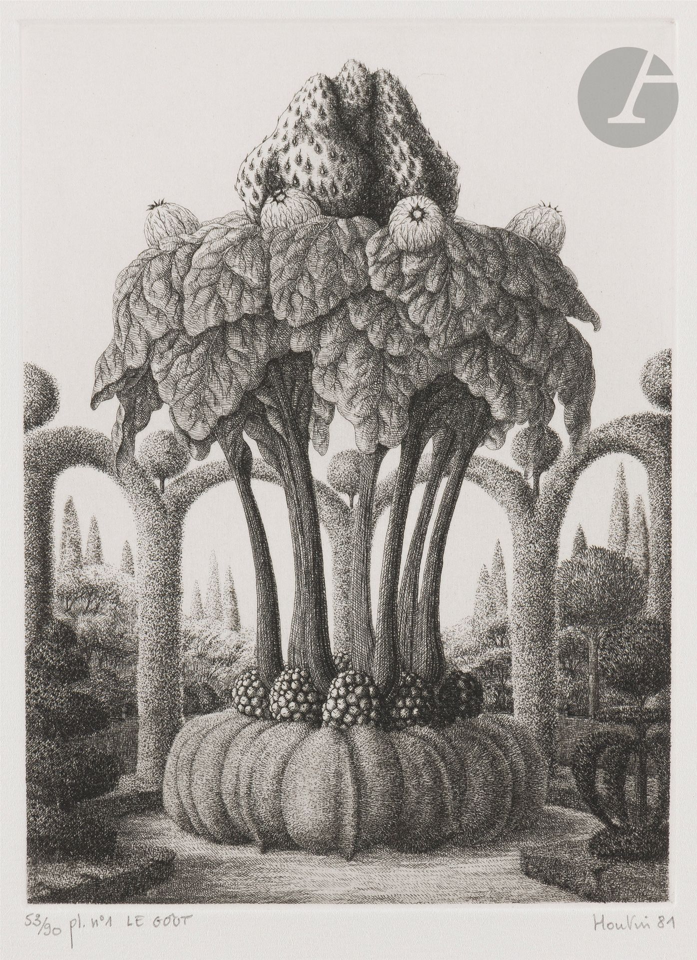 François Houtin (born 1950) 
Five gardens - five senses. Text by F. Garcia Lorca. Paris, M. Broutta, 1982. An album in-4 [270 x 360] in sheets, containing 4 plates (of 5 - La Vue is missing). Very fine proofs on white vellum, numbered, titled, signed and dated in pencil. Slight traces of oxidation at the edges of the leaves. Signed by the artist and publisher. Sent by the artist on the false title: "to Jacqueline de Champvallins / Sincerely / François Houtin 31-1-86". Publisher's boards (covered with glued coarse-grained sand, slightly faded). Edition of 90 proofs. 

Provenance:
Jacqueline de Champvallins (1923-2006), gallery owner and print publisher.