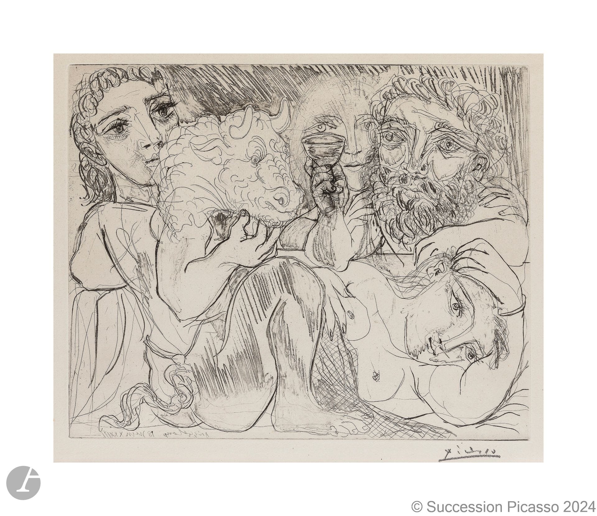Pablo Picasso (1881-1973) 
Minotaure, Drinker and Women (Suite Vollard, pl. 92). June 18, 1933. Drypoint, etching, scraper and burin. 365 x 298. Bloch 200; Baer 368 IV B d. Very fine proof on Montval laid paper, watermarked "Picasso", from the small-margin edition of 260 proofs, signed in pencil. Number "362" in pencil in the lower left-hand corner in the hand of H. M. Petiet. A tiny spot of rust in the lower left margin. Margins. Frame (not examined out of frame). 

Provenance:
Galerie Louise Leiris, Paris.