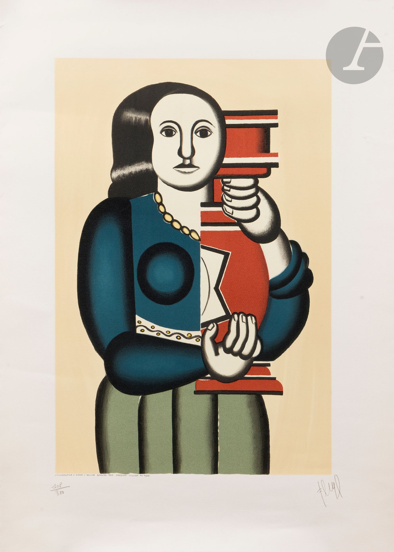 Fernand Léger (1881-1955) (after) 
Woman with a vase. Circa 1990. Lithograph after the 1928 engraving by Villon after Léger's painting. [595 x 830]. Printed in color. Very fine proof on white vellum, numbered in pencil, the signature printed. Traces of soft folds and short broken folds at the edges of the folio. Full margins. Edition of 300 proofs. Dry stamp: Musée Fernand Léger, Biot.