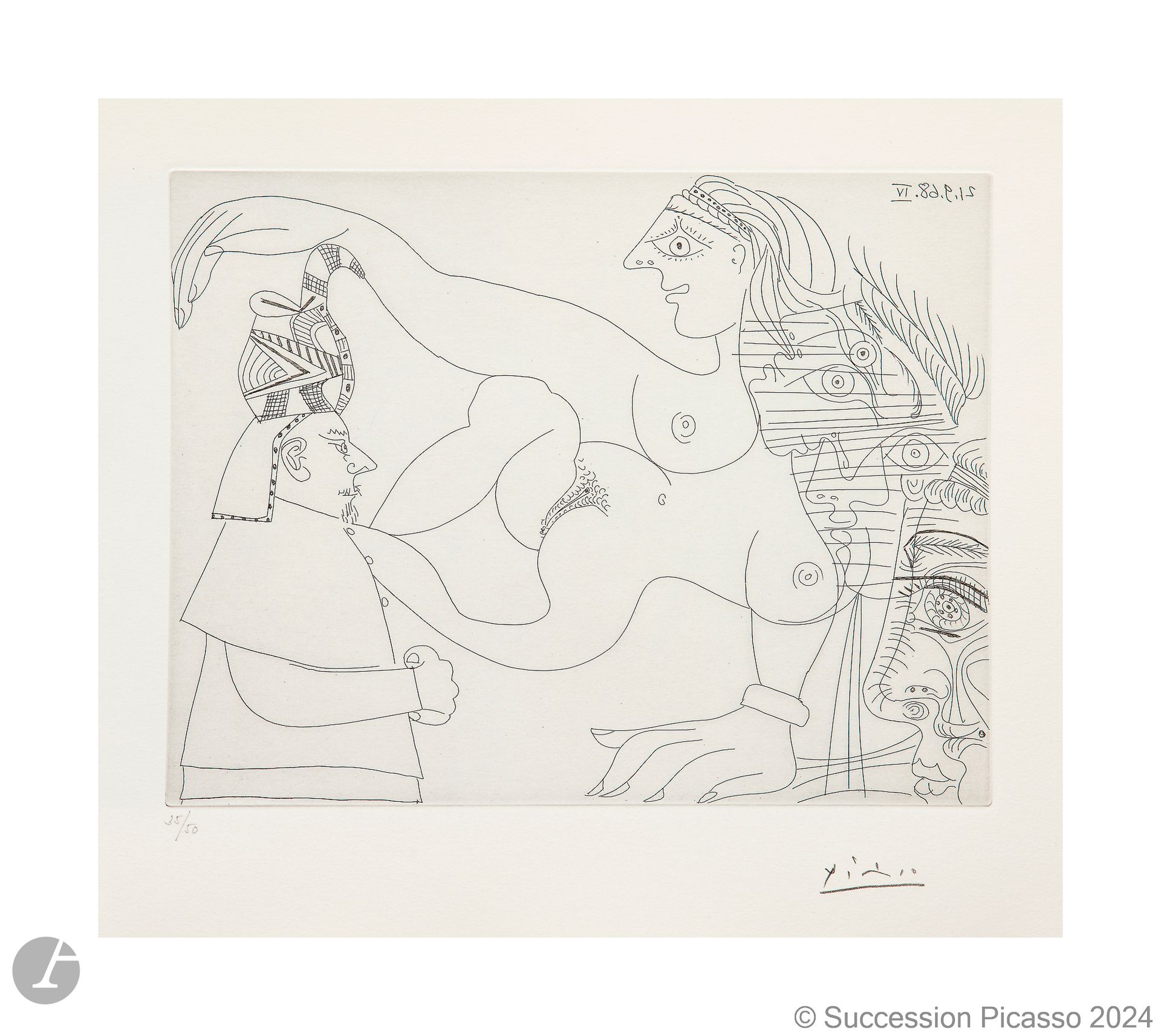 Pablo Picasso (1881-1973) 
Egyptian and Women (Les 347, pl. 331). September 21, 1968. Etching. 266 x 206 [402 x 325]. Bloch 1811; Baer 1828 B b. Perfect proof on white vellum, numbered and signed in pencil. Full margins. Edition of 50 proofs. Galerie Louise Leiris, Paris. 

Provenance : 
H. M. Petiet (1894-1980), Paris.