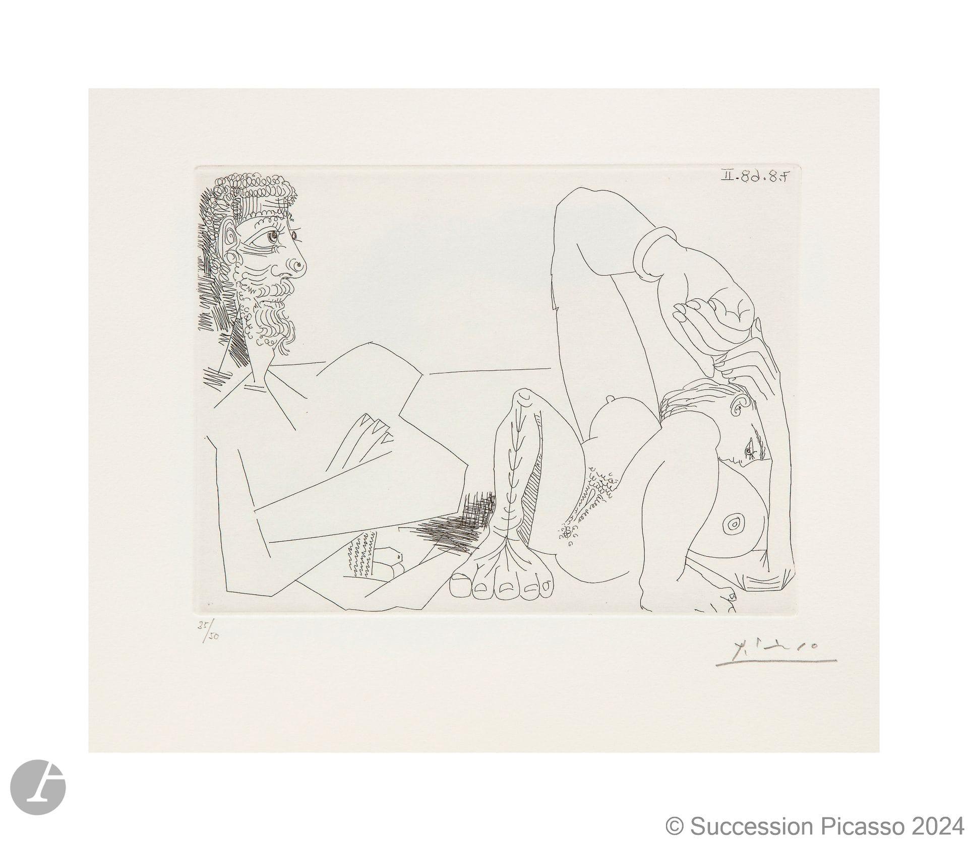 Pablo Picasso (1881-1973) 
La Sieste : couple. (Les 347, pl. 255). 7 août 1968. Eau-forte. 208 x 152 [348 x 283]. Bloch 1735 ; Baer 1752 B b. Parfaite épreuve sur vélin blanc, numérotée et signée au crayon. Toutes marges. Tirage à 50 épreuves. Galerie Louise Leiris éd., Paris. 

Provenance : 
H. M. Petiet (1894-1980), Paris.