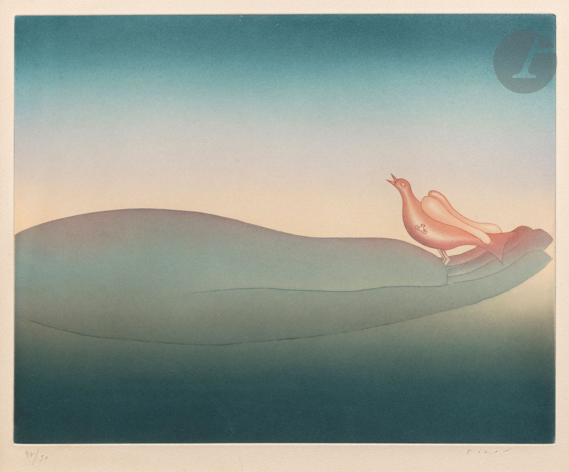 Jean-Michel Folon (belge, 1934-2005) 
Jeux de mains. 1980. Eau-forte et aquatinte. À vue : 412 x 338. Impression en couleurs. Belle épreuve sur vélin, numérotée et signée au crayon, insolée. Marges. Tirage à 90 épreuves. Cadre (non examinée hors du cadre).

Provenance : Collection Colette Creuzevault.