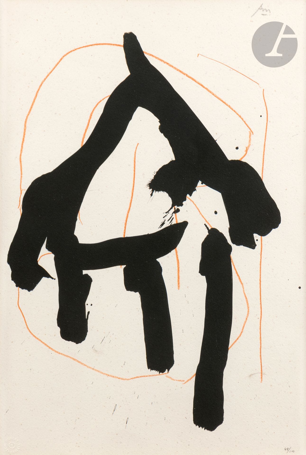 Robert Motherwell (américain, 1915-1991) 
Pl. I, II, IV et V pour Pleynet (Marcelin). Beau geste pour Lucrèce. Paris, éd. Daniel Papierski, Paris et Londres, Waddington Graphics Ltd. 1989. Réunion de 4 pl. (sur 6). Lithographie. La planche en feuille : [380 x 560], les trois autres à vue : [365 x 545]. Engberg-Banach 480, 481, 483 et 484. Impression en couleurs. Très belles épreuves, la pl. IV en feuille, tirée sur vélin gris rosé Georges Duchêne, les trois autres sur différents papiers (respectivement vélin Georges Duchêne moutarde, Arches, japon Gampi), toutes signées du monogramme en tête et numérotées au crayon. Toutes marges. Tirage à 100 épreuves. Timbre sec de l’artiste aux pl. I, II et V, encadrées (non examinées hors du cadre). Joint : portefeuille toilé orange avec monogramme de l’artiste sur le plat supérieur, légèrement défraîchi, contenant les feuillets de texte.