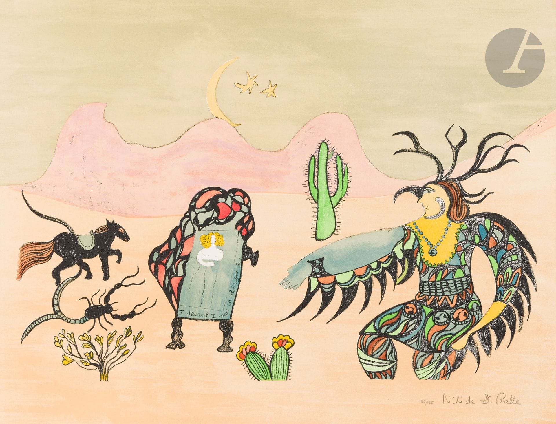 Niki de Saint-Phalle (1930-2002) 
I dreamt I was in Arizona. 1978. Lithographie. [650 x 500]. Impression en couleurs. Parfaite épreuve sur vélin blanc, tirée pleine feuille, numérotée et signée au crayon. Tirage à 125 épreuves.

Provenance : Collection Colette Creuzevault.