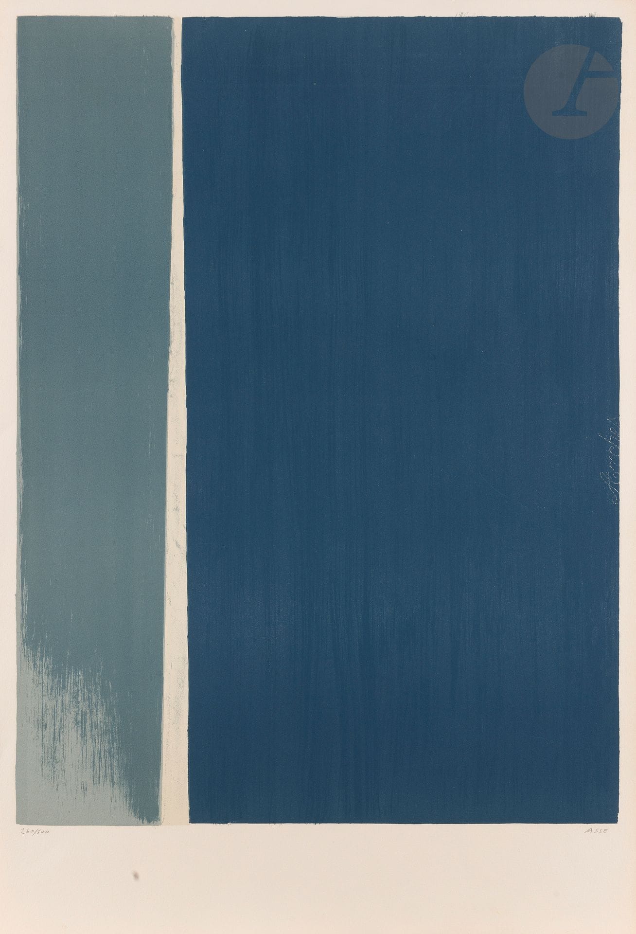 Geneviève Asse (born 1923) 
Untitled II. 1970. Lithograph. 480 x 640. Mason 161 b. Color print. Very fine proof on white vellum, numbered and signed in pencil. All margins. Edition of 500 proofs. Publisher's stamp on verso: "C.N.A.C. / limited edition of 500 copies / on the occasion of the exhibition / Asse - 1970".