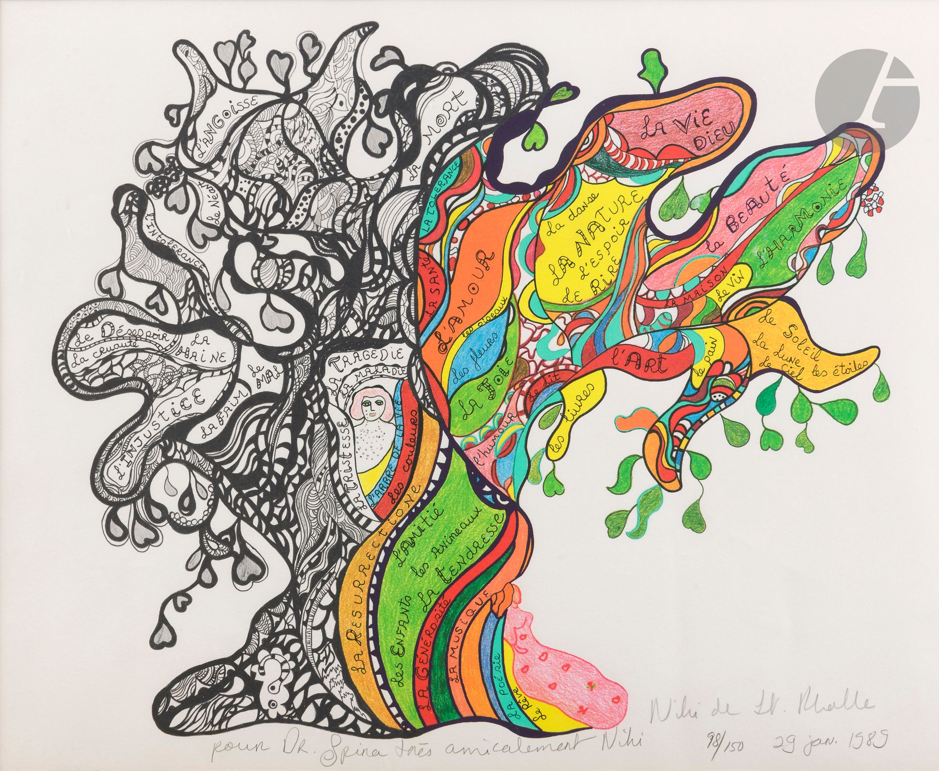 Niki de Saint-Phalle (1930-2002) (d’après) 
L’Arbre de la vie. 1989. Photolithographie. À vue : 560 x 445. Impression en couleurs. Belle épreuve sur vélin, signée, dédicacée « pour Dr Spira très amicalement Niki », numérotée et datée « 29 jan. 1989 ». Marges. Tirage à 150 épreuves. Cadre (non examinée hors du cadre).