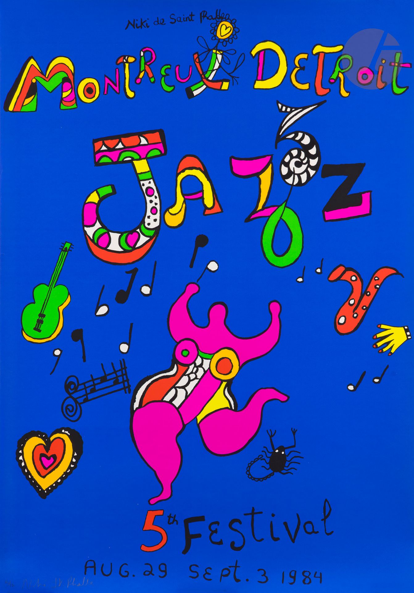 Niki de Saint-Phalle (1930-2002) 
Montreux Detroit Jazz 5th Festival (Nana rose). Affiche. 1984. Sérigraphie en couleurs. [697 x 995]. Très belle épreuve sur vélin blanc fort, numérotée et signée au crayon. Infimes traces de plis en tête et en pied (l’épreuve étant conservée roulée). Tirage à 50 épreuves.

Provenance : Collection Colette Creuzevault.
