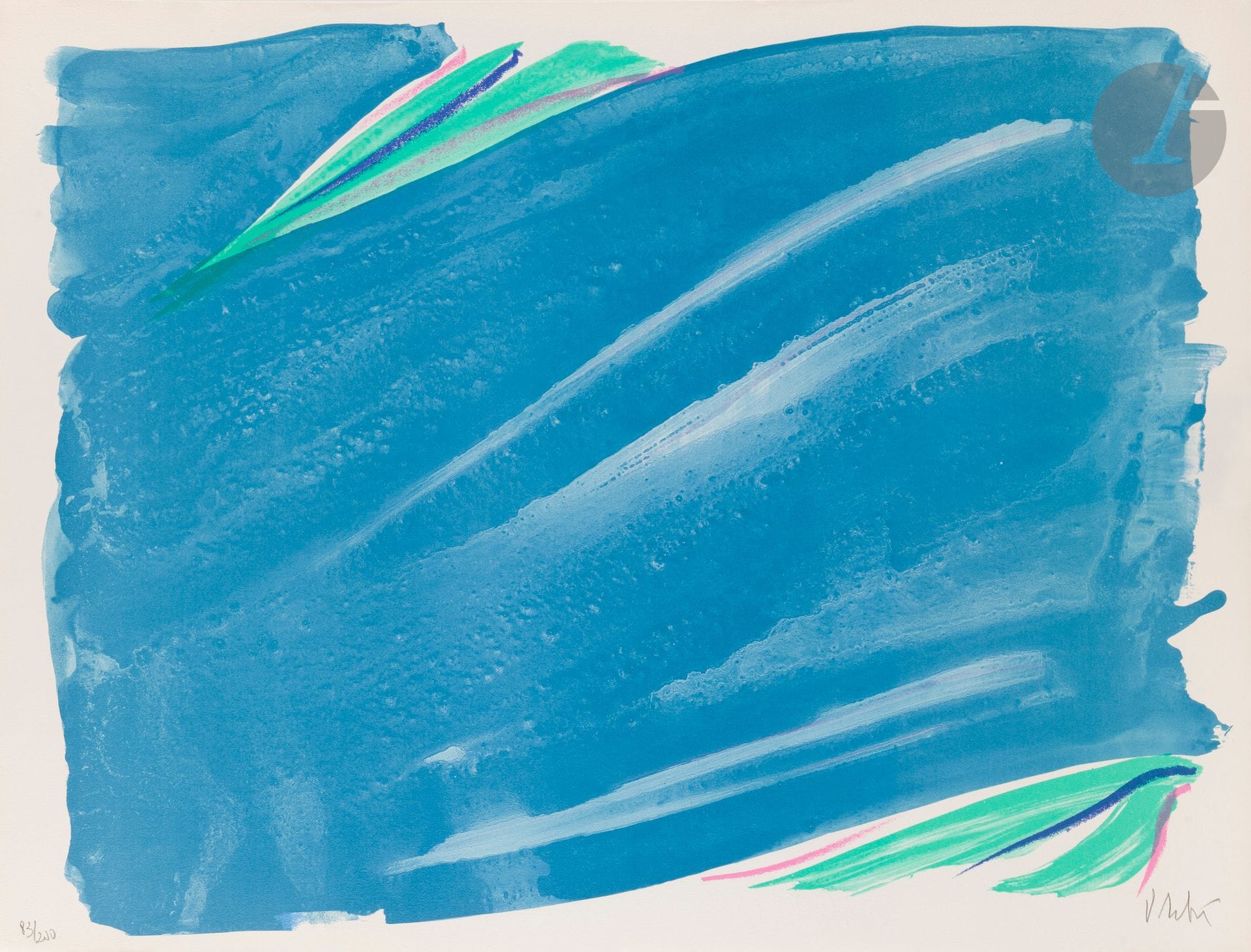 Olivier Debré (1920-1999) 
Signe-paysage. 1989. Lithographie. [775 x 585]. Pernoud 445. Impression en couleurs. Très belle et fraîche épreuve sur vélin, numérotée et signée au crayon. Toutes marges. Tirage à 200 épreuves. Éd. de la Société des Amateurs d’Art et des Collectionneurs, Paris.