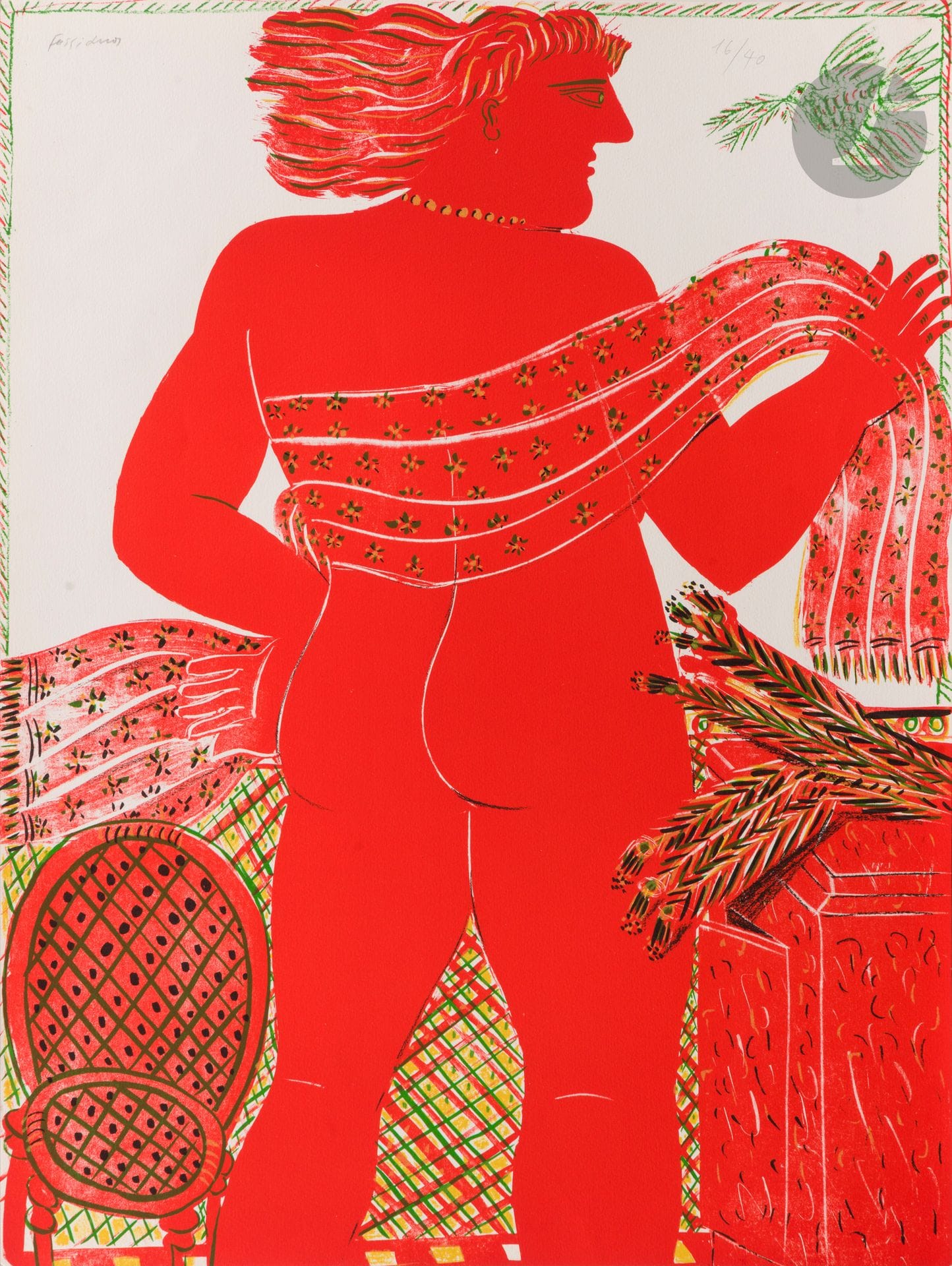 Alékos Fassianós (grec, 1935-2002) 
Figure rouge nue de dos à la colombe. Vers 1980. Lithographie. [515 x 685]. Impression en couleurs. Très belle épreuve tirée pleine feuille sur vélin blanc, signée et numérotée au crayon en tête du feuillet. Tirage à 40 épreuves.

Provenance : Collection Colette Creuzevault.