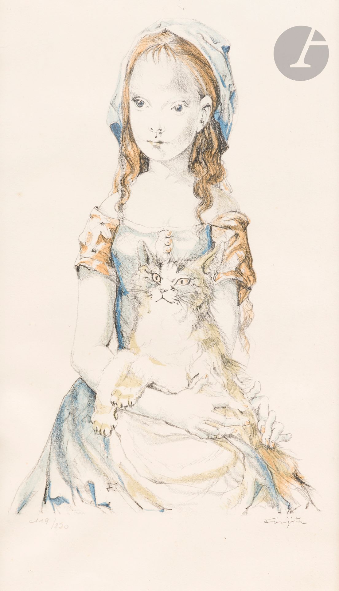 Léonard-Tsuguharu Foujita (1886-1868) 
Fillette au chat. 1959. Lithographie. À vue : 298 x 498. Buisson non décrit. Impression en couleurs. Très belle épreuve sur vélin crème, numérotée et signée au crayon. Un fin pli cassé horizontal au bord gauche. Quelques rares rousseurs claires. Belles marges. Tirage à 220 épreuves. Guilde de la Gravure éd., Genève et Paris. Cadre (non examinée hors du cadre).