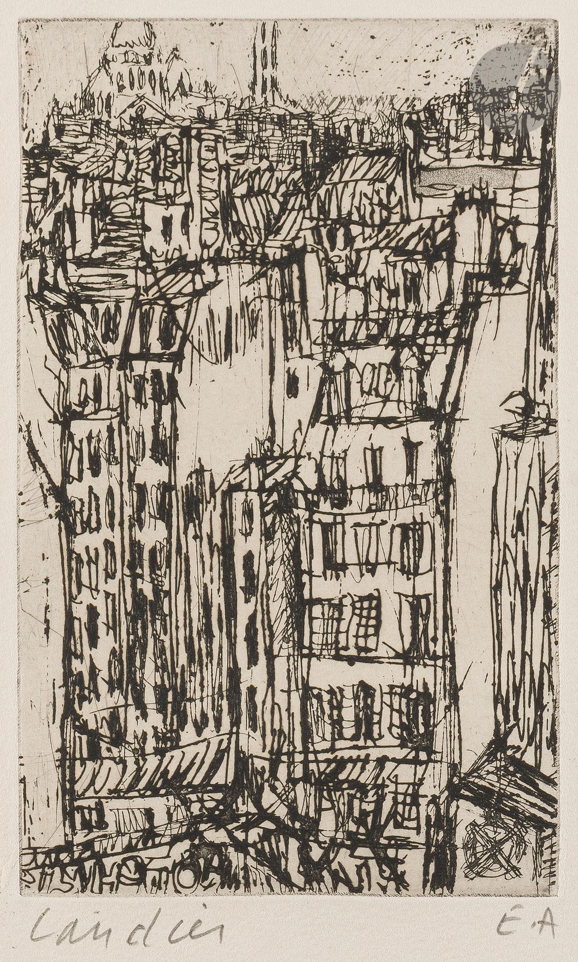Henri Landier (né en 1935) 
Vues de Montmartre (Moulin de la Galette ; Le Moulin Rouge ; Rue de l’Élysée des Beaux-arts, actuelle rue André-Antoine ; Rue du Chevalier de la Barre ; Rue de l’Abreuvoir ; Rue de la Vieuville ; Le Sacré-Cœur vu des Batignolles ; Rue Berthe) ; Maisons aux Batignolles ; Le Clairon place de la Bastille. 1962. Eau-forte (certaines avec aquatinte). Chaque [240 x 310]. Parfaites épreuves sur vélin, toutes signées au crayon, justifiées « E.A » (sauf la 1re, numérotée, d’un tirage à 75 épreuves), sous passe-partout d’origine avec titre manuscrit en pied à l’intérieur. Toutes marges. Ens. 13 p.