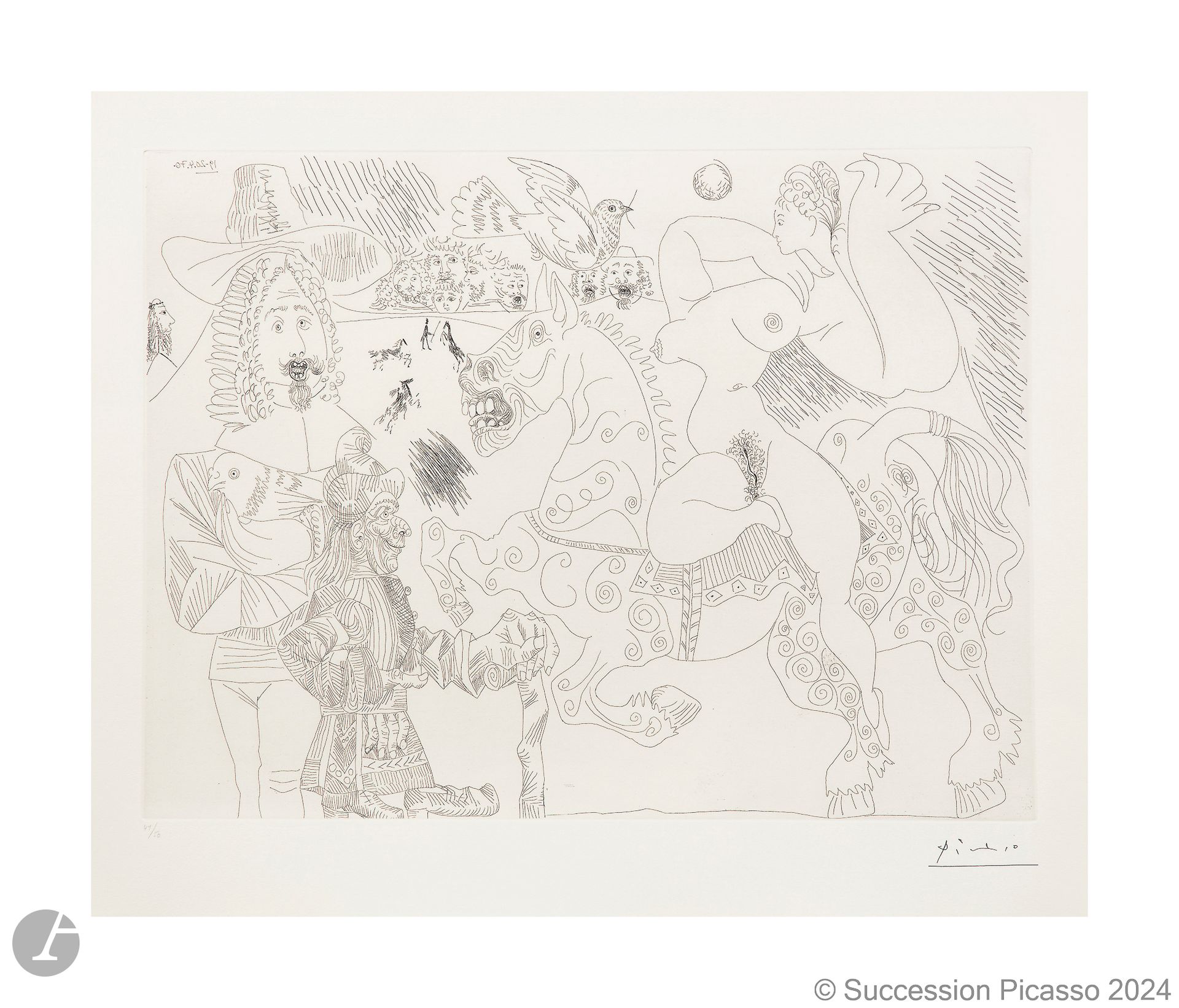 Pablo Picasso (1881-1973) 
Dressage au cirque, avec, au premier plan, écuyère, magicien, fauconnier et la colombe de Noé. (Les 156, pl. 36). 19-20 avril 1970. Eau-forte. 490 x 366 [655 x 500]. Bloch 1891 ; Baer 1897 B a. Parfaite épreuve sur vélin blanc, numérotée au crayon et revêtue du timbre de la signature (Lugt 2026e). Toutes marges. Tirage à 50 épreuves. Galerie Louise Leiris éd., Paris (1978). 

Provenance : 
H. M. Petiet (1894-1980), Paris.