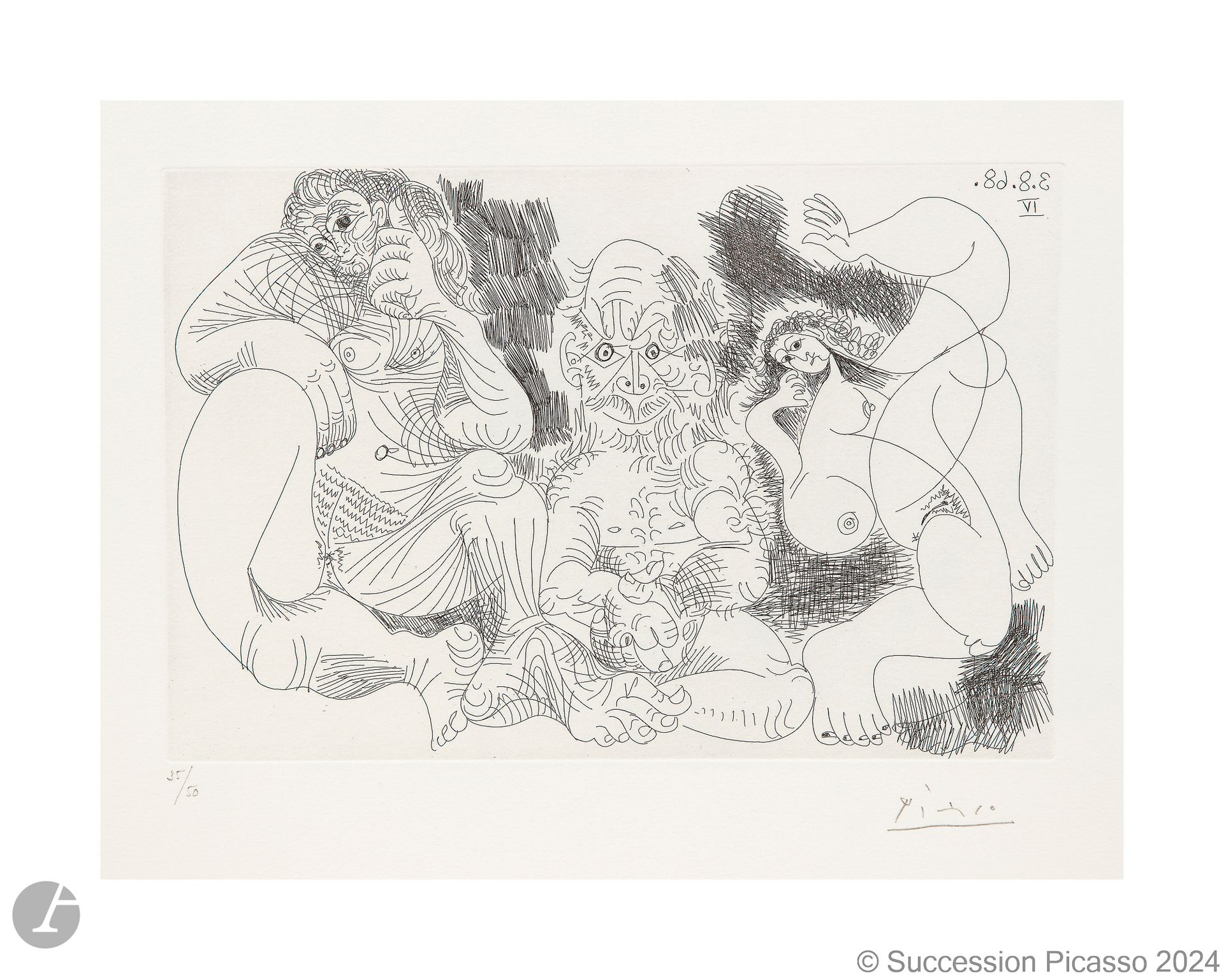 Pablo Picasso (1881-1973) 
Old man sitting with a woman, and a dancer (Les 347, pl. 239). August 3, 1968. Etching. 261 x 170 [375 x 280]. Bloch 1719; Baer 1736 B b. Perfect proof on white vellum, numbered and signed in pencil. Full margins. Edition of 50 proofs. Galerie Louise Leiris, Paris. 

Provenance : 
H. M. Petiet (1894-1980), Paris.