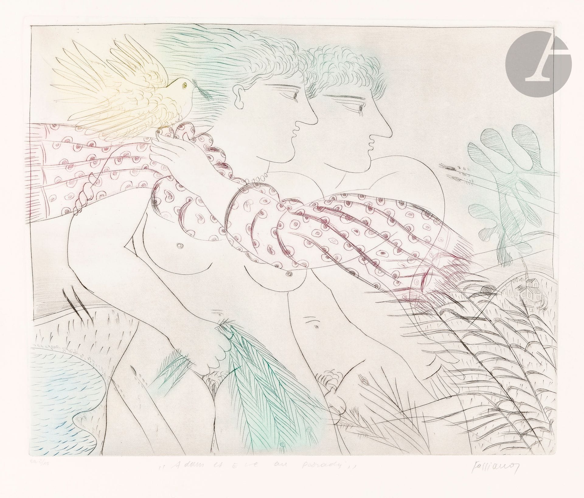 Alékos Fassianós (grec, 1935-2002) 
Adam et Ève au paradis. Vers 1980. Eau-forte. 508 x 417. Impression en couleurs. Très belle et fraîche épreuve sur vélin blanc, justifiée « ea 2/15 », titrée et signée au crayon. Toutes marges. Tirage définitif à 50 épreuves.

Provenance : Collection Colette Creuzevault.