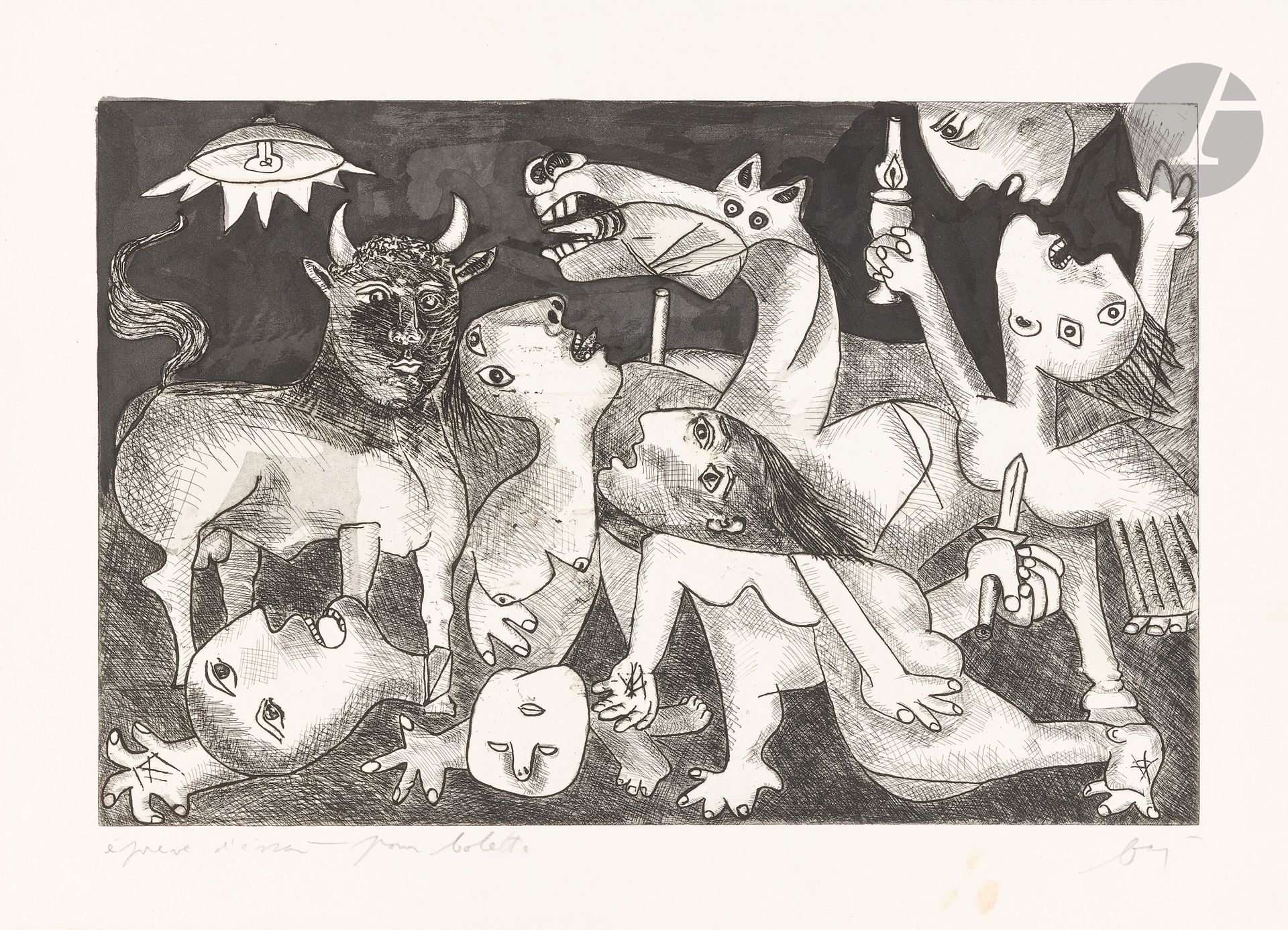 Enrico Baj (italien, 1924-2003) 
Guernica. (Pl. pour l’album Baj chez Picasso. Paris, galerie Creuzevault, 1969). Eau-forte. 570 x 365. Très belle épreuve sur vélin blanc, annotée « épreuve d’essai – pour Colette » et signée au crayon. Petites taches rousses en marge inférieure. Courtes déchirures en pied. Fin pli de tirage vertical en marge inférieure. Toutes marges.

Provenance : Collection Colette Creuzevault.