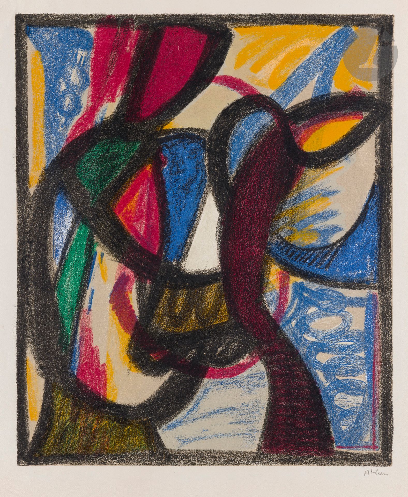 Jean-Michel Atlan (1913-1960) 
Sagittaire. 1959. Lithographie. 460 x 550. Polieri 1751. Impression en couleurs. Très belle épreuve sur vélin, signée au crayon. Traces de plis aux bords du feuillet. Fine bande rousse (encre lithographique ?) le long du bord inférieur gauche. Courte déchirure au centre en pied. Toutes marges. Tirage à 100 épreuves. Éd. L’œuvre gravée, Zurich.