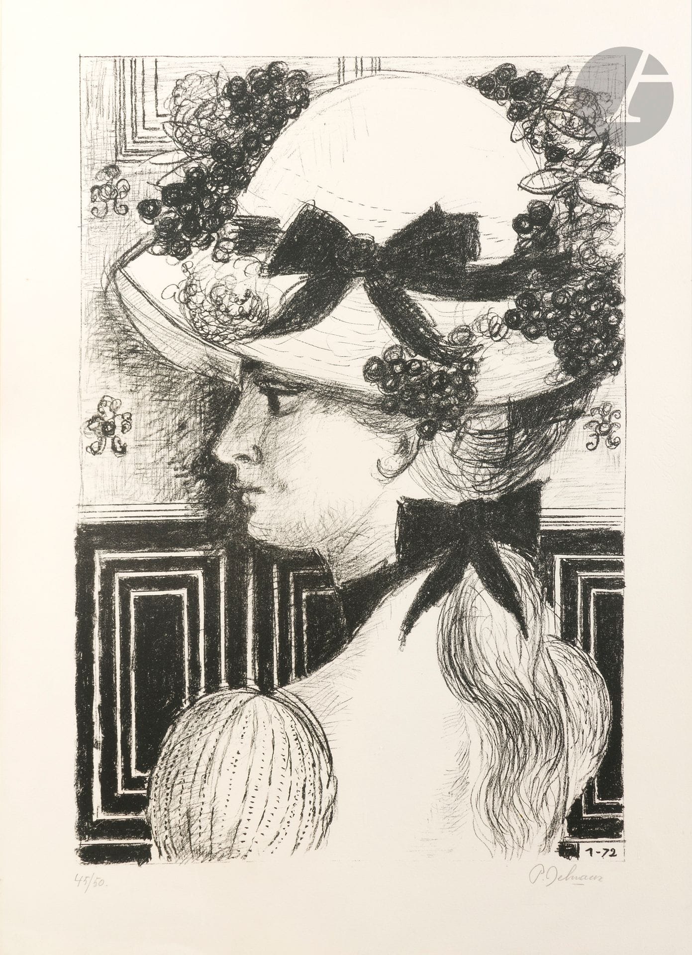 Paul Delvaux (1897-1994) 
Le Chapeau 1900. 1972. Lithographie. [ 500 x 715]. Jacob 61. Très belle et fraîche épreuve sur vélin crème, numérotée et signée au crayon. Toutes marges. Tirage à 50 épreuves. Cadre (non examinée hors du cadre).
