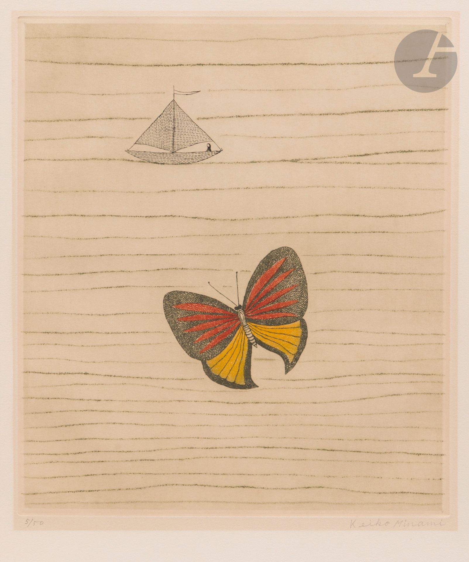 Keiko Minami (japonaise, 1911-2004) 
Papillon et voilier. Vers 1980. Eau-forte. À vue : 300 x 360. Impression en couleurs. Très belle épreuve sur vélin, numérotée et signée au crayon. Toutes marges. Impression à 50 épreuves.