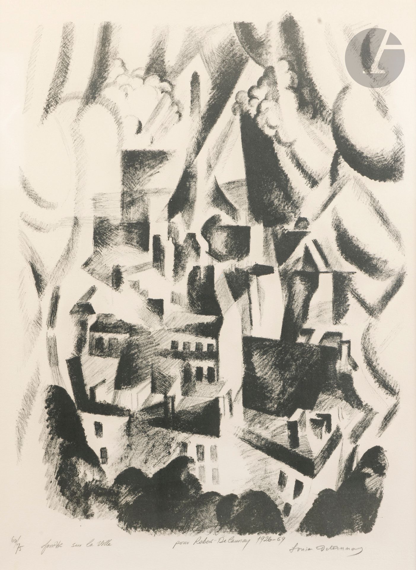 Robert Delaunay (1885-1941) 
Window on the city. 1926-1969. Lithograph. Sight : 475 x 620. Very fine proof on ivory vellum, from the 1969 re-printing, numbered, titled, annotated "pour Robert Delaunay 1926-1969" and signed by Sonia Delaunay in pencil, slightly soiled. All margins. Edition of 75 proofs. Framed (not examined out of frame).