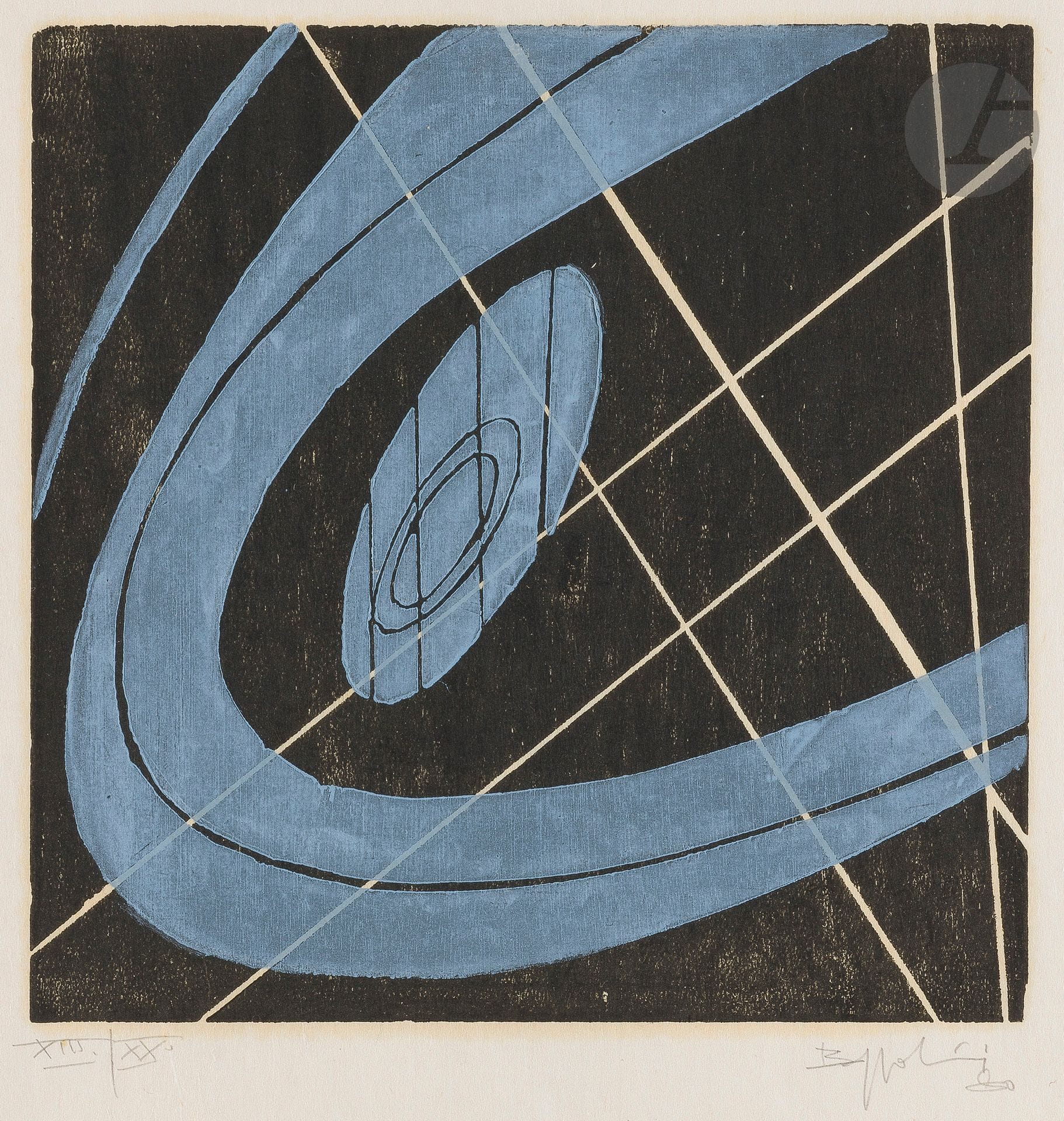 Silvano Bozzolini (italien, 1911-1998) 
Quattro variazoni su un quadrato (Quatre variations sur un carré). 1980. Bois gravé. [490 x 630]. Impression en couleurs. Suite de 4 très belles épreuves sur japon vergé mince, numérotées en chiffres romains, signées et datées au crayon. Traces de plis le long du bord gauche. Toutes marges. Tirage à 10 épreuves. Galerie Fonte d’Abisso éd., Modène. Contenues sous portefeuille noir à rabats de l’édition, avec deux feuillets de texte.