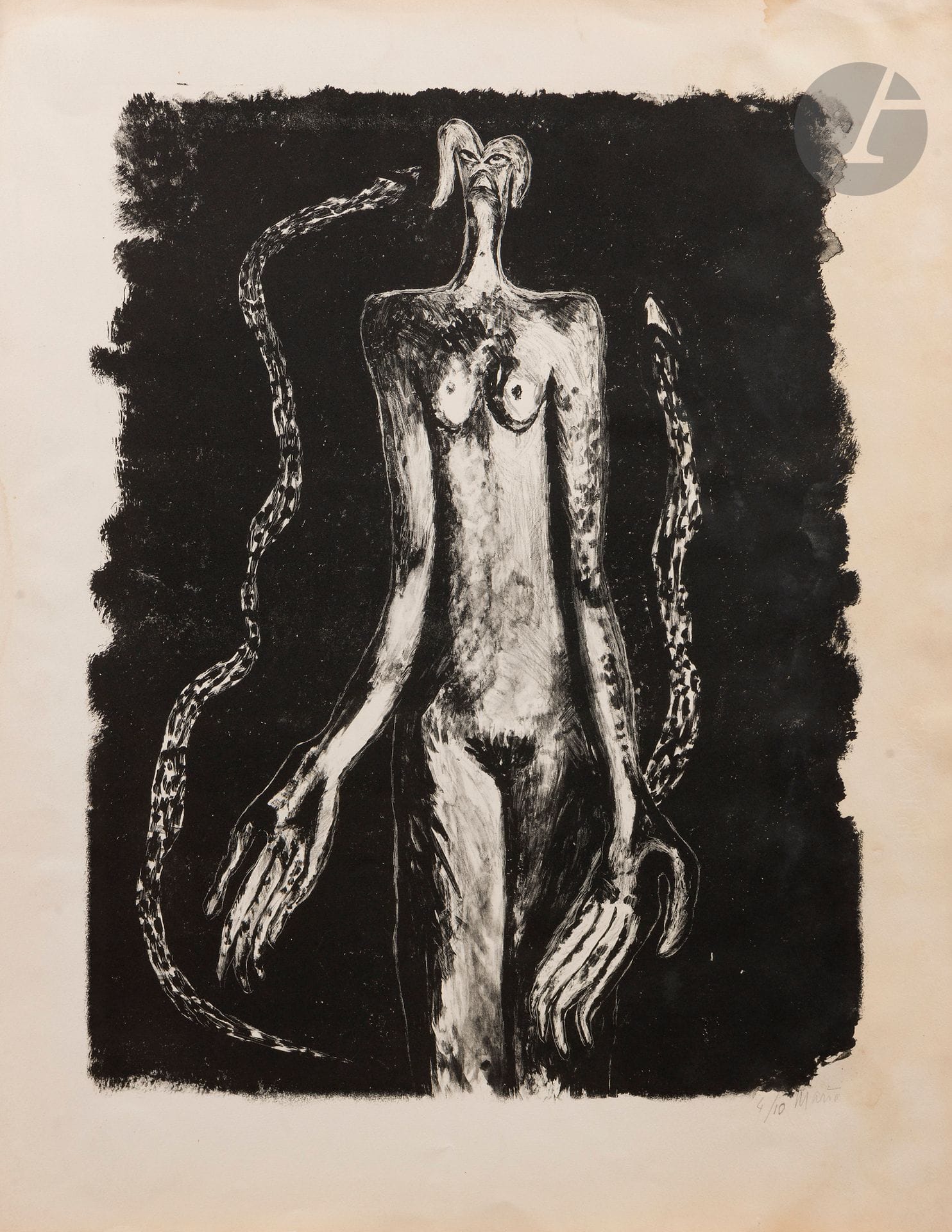 María Martins (brésilienne, 1894-1973) 
Femme-serpent. Vers 1945. Lithographie. 398 x 525 [495 x 645]. Belle épreuve sur vélin, numérotée et signée au crayon. Oxydation et petites auréoles d’humidité marginales. Courte déchirure en pied. Toutes marges. Tirage à 10 épreuves. 

Provenance :
Galerie René Drouin, Paris.
